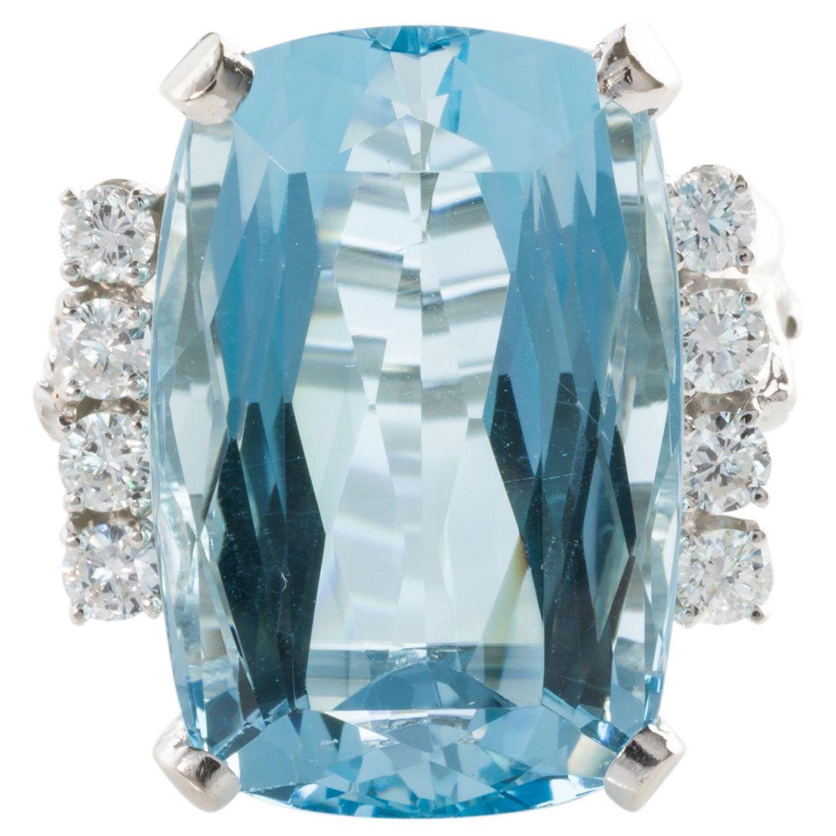 Emerald Cut 22 Carat Aquamarine and Diamond 14 Karat White Gold Cocktail Ring