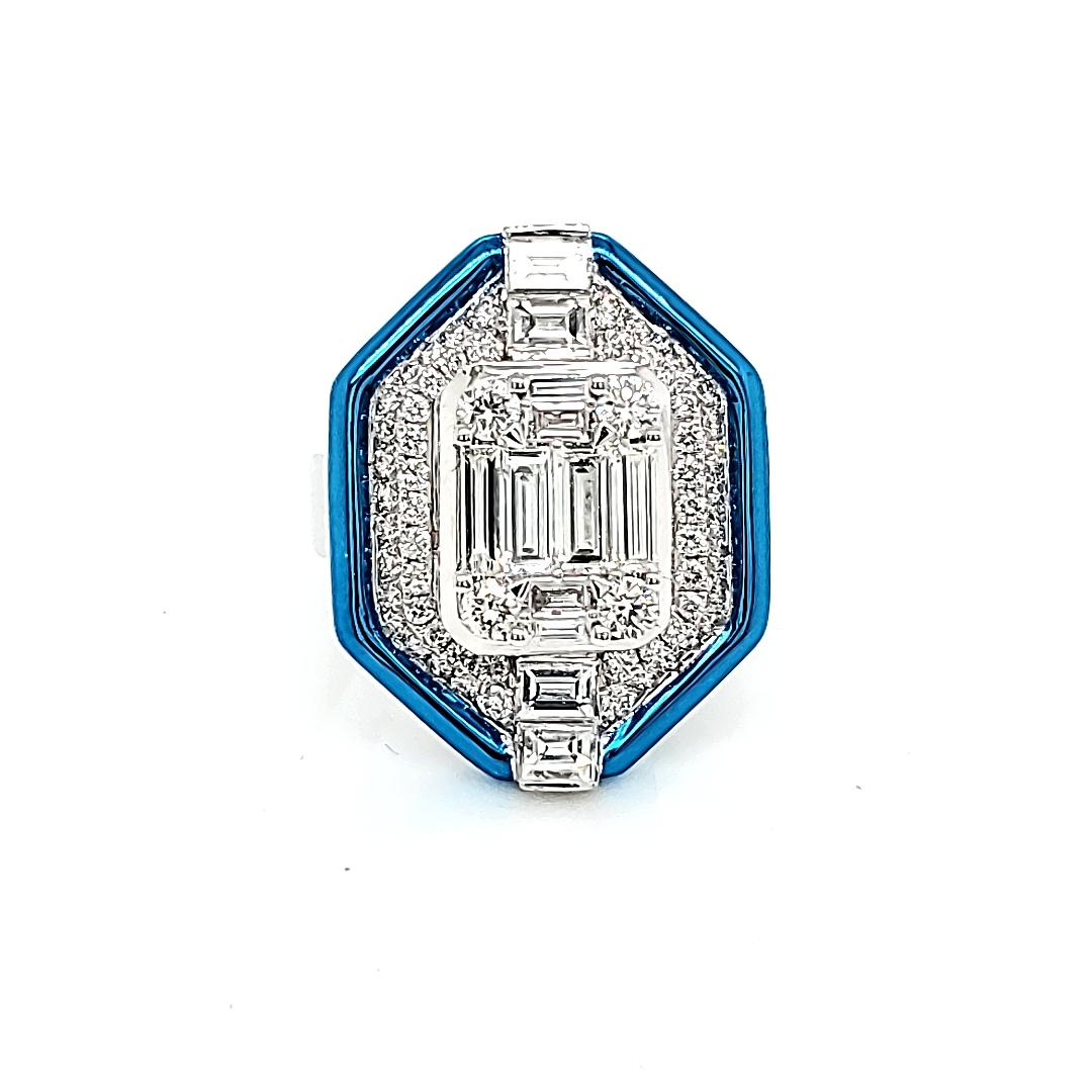 62 White Round Diamonds: 0.94 Carats
12 White Baguette Diamonds: 1.26 Carats
Metal: 18K White Gold, 11.38 Grams

