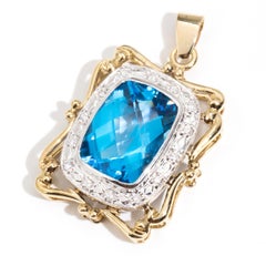 22 Carat Bright Blue Checkerboard Topaz and Round Diamond 9 Carat Gold Pendant