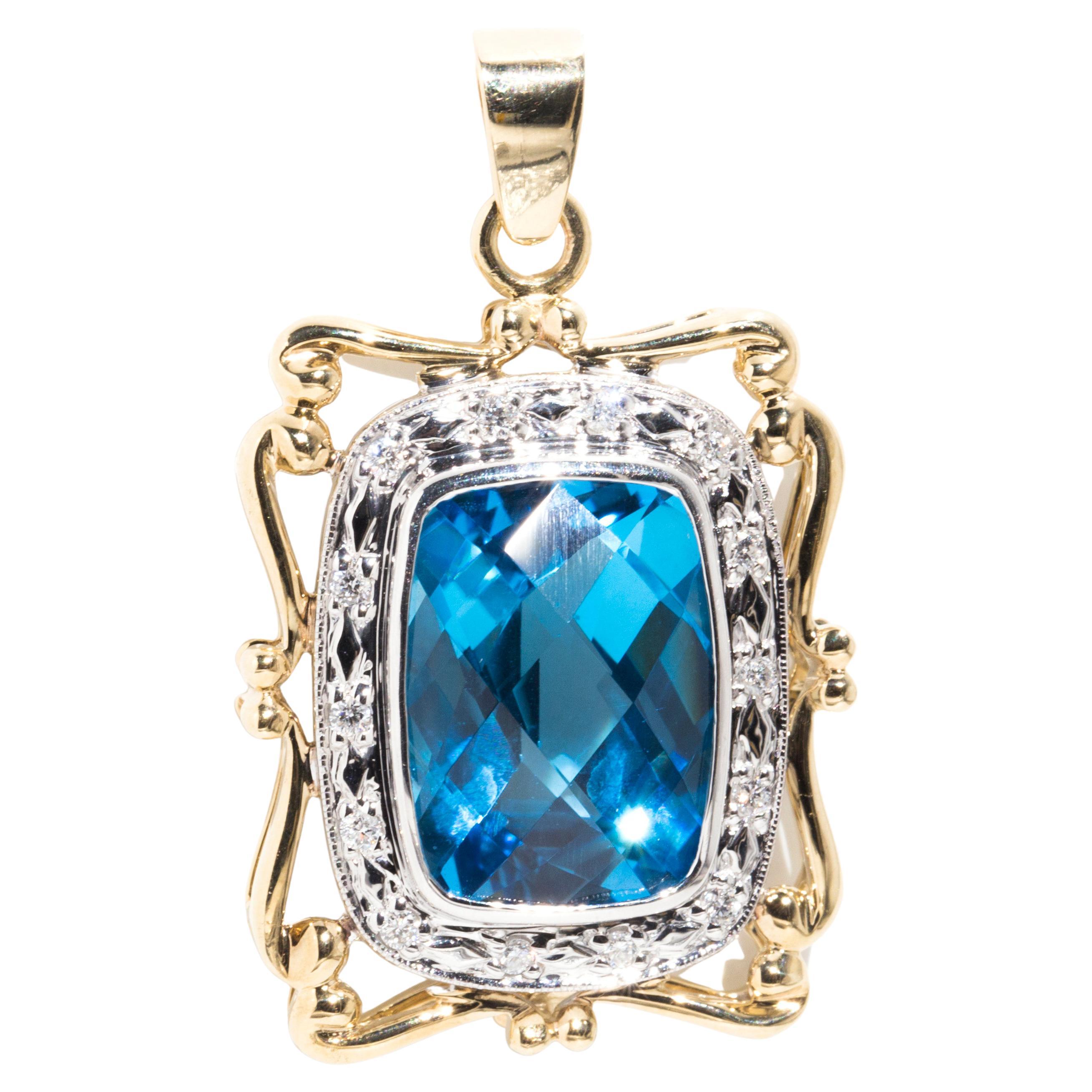 22 Carat Bright Blue Checkerboard Topaz and Round Diamond 9 Carat Gold Pendant