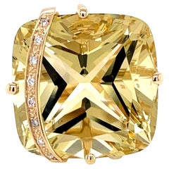 22 Carat Cushion Cut Golden Citrine 14 Karat Yellow Gold Ring w Diamond Accents