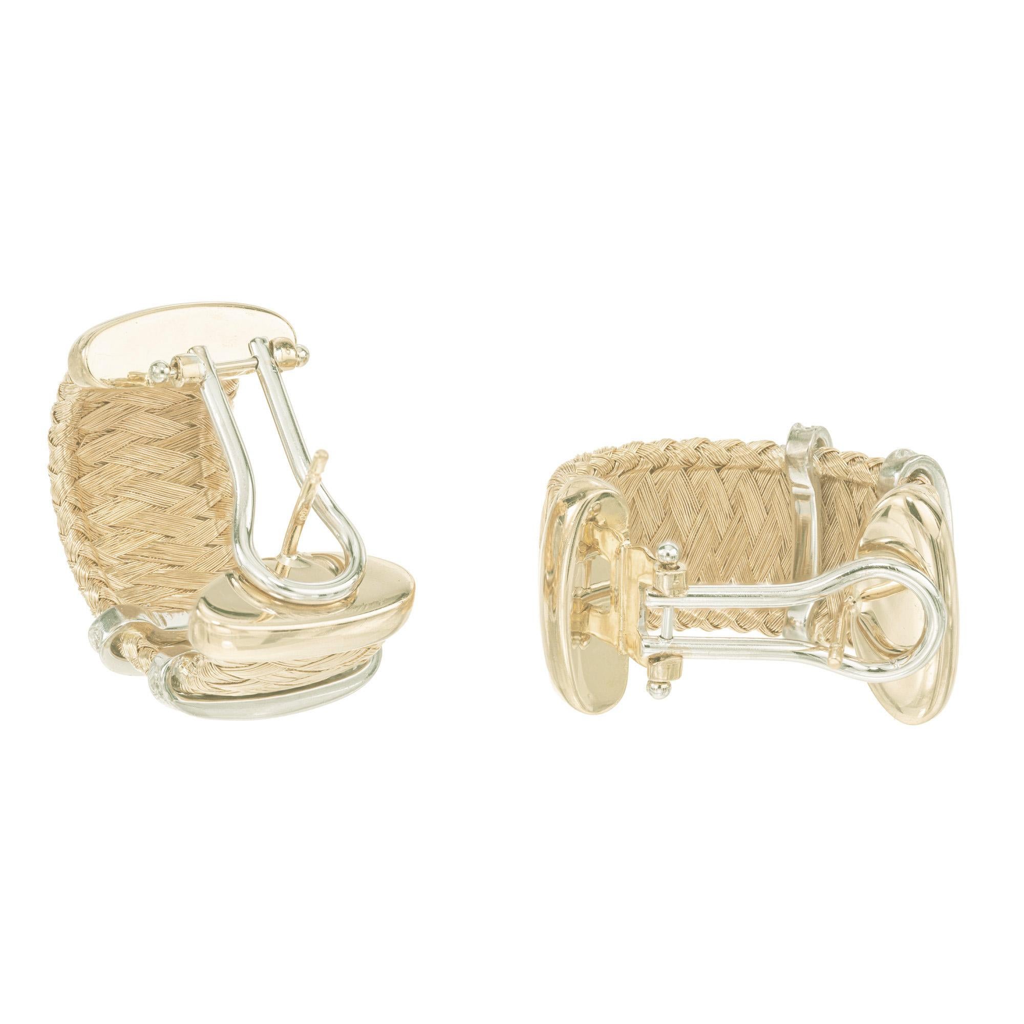 Round Cut .22 Carat Diamond Yellow Gold Silk Weave Clip Post Hoop Earrings For Sale