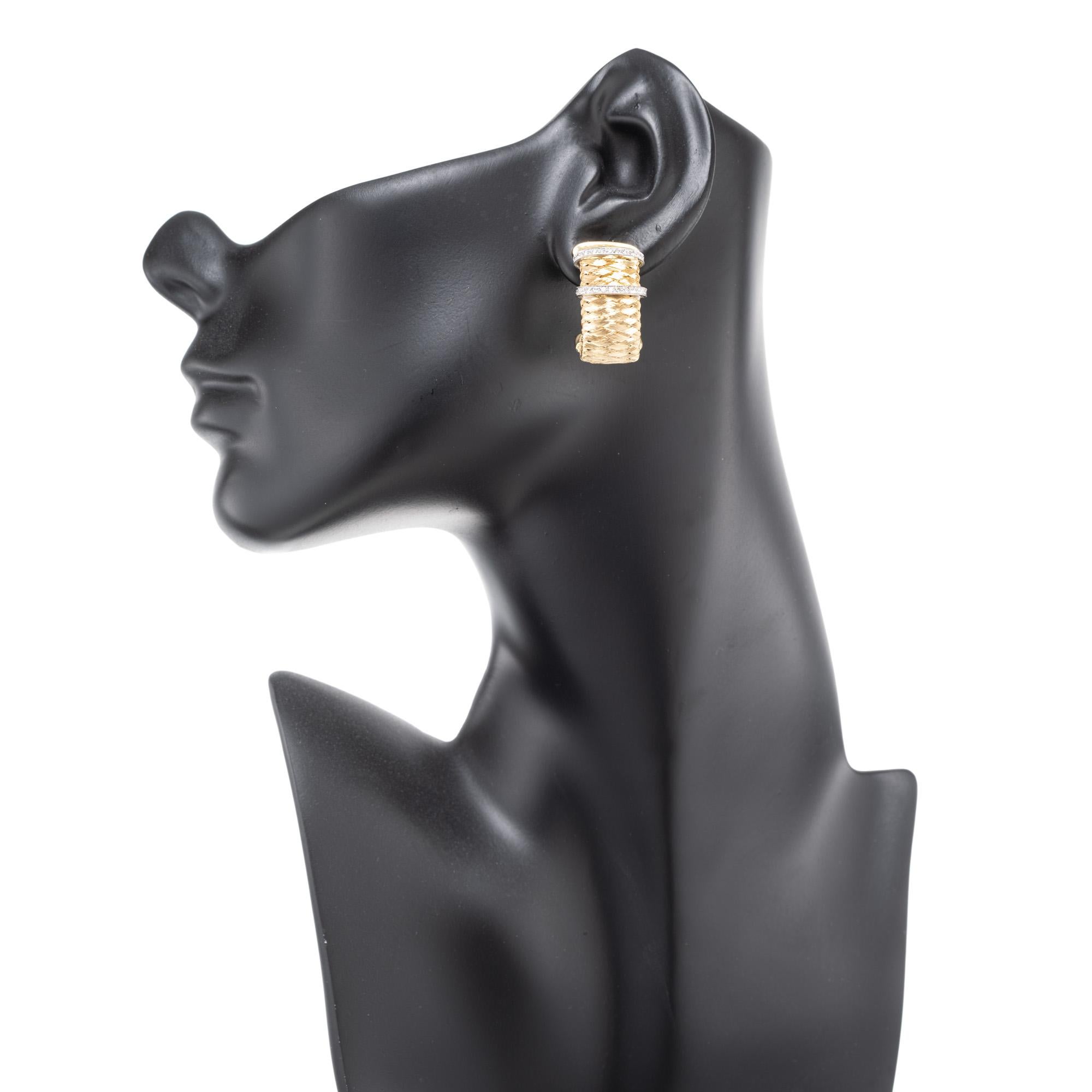Women's .22 Carat Diamond Yellow Gold Silk Weave Clip Post Hoop Earrings For Sale