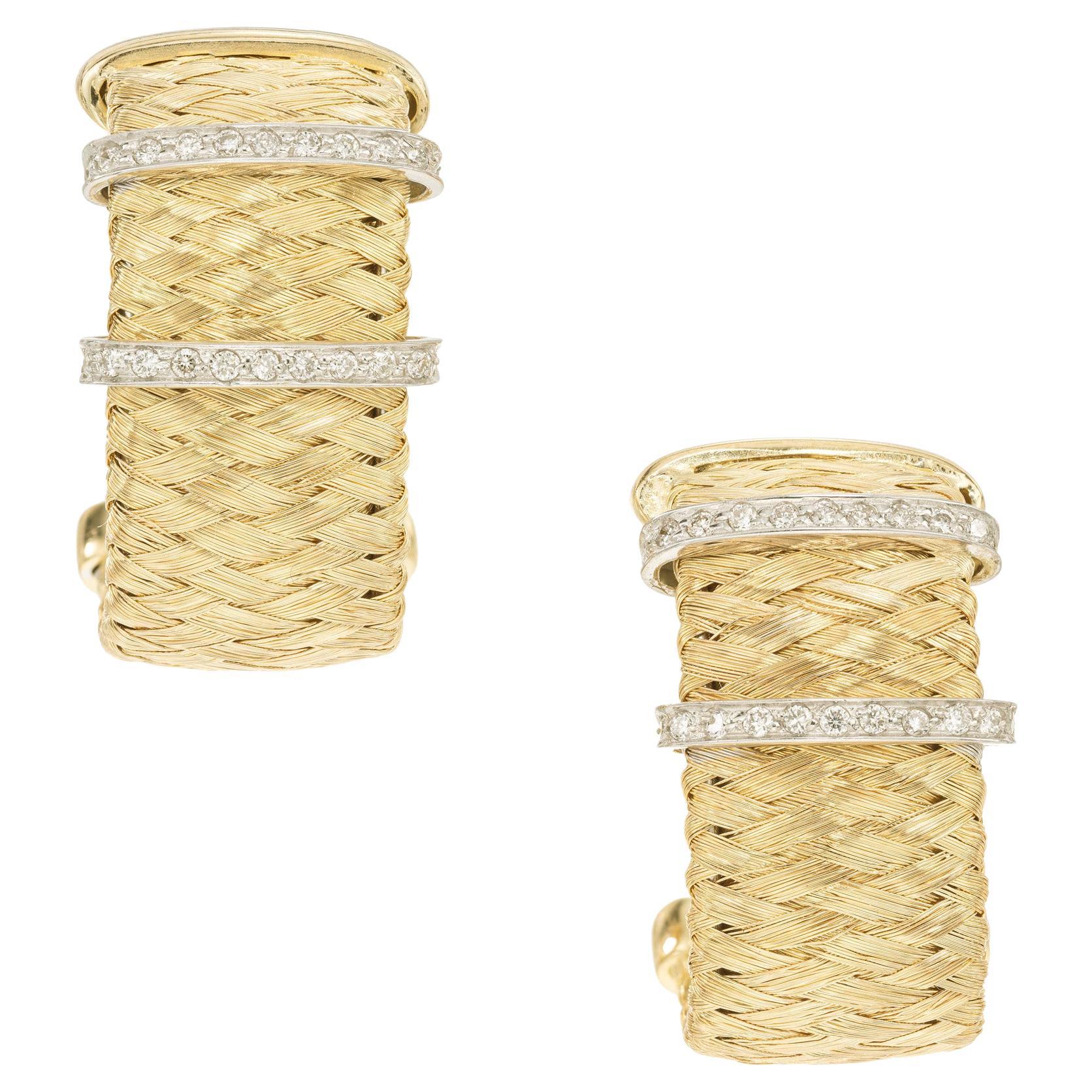.22 Carat Diamond Yellow Gold Silk Weave Clip Post Hoop Earrings For Sale