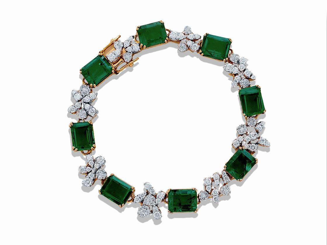 22 carat Emerald and Diamond Bracelet.  This stunning and rare emerald and diamond bracelet has a timeless look and one that would be treasured by any jewelry lover and collector.  There are eight emerald cut emeralds that have a rich green color