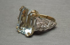 22 Carat Emerald Cut GIA Aquamarine Solitaire and Diamond 14 Karat Gold Ring