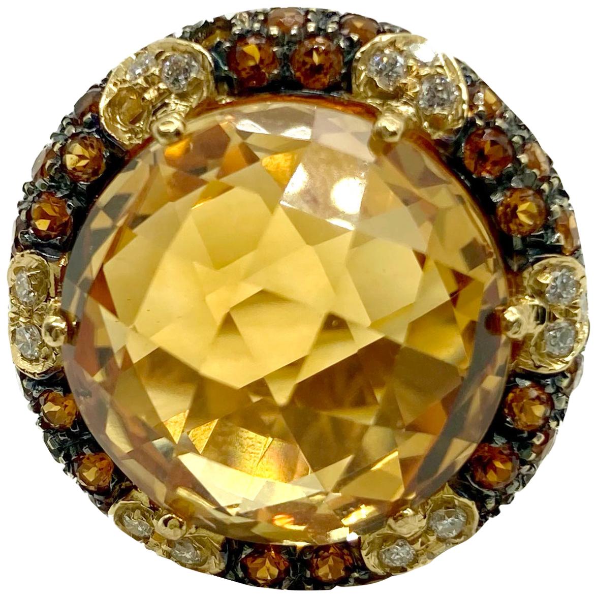 22 Carat Faceted Citrine and Diamond Yellow Gold Cocktail Ring