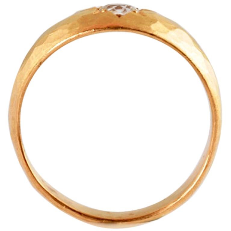 22 Carat Gold Hammered Signet Ring with Star Set Old Cut Round Diamond 0.25 Cts