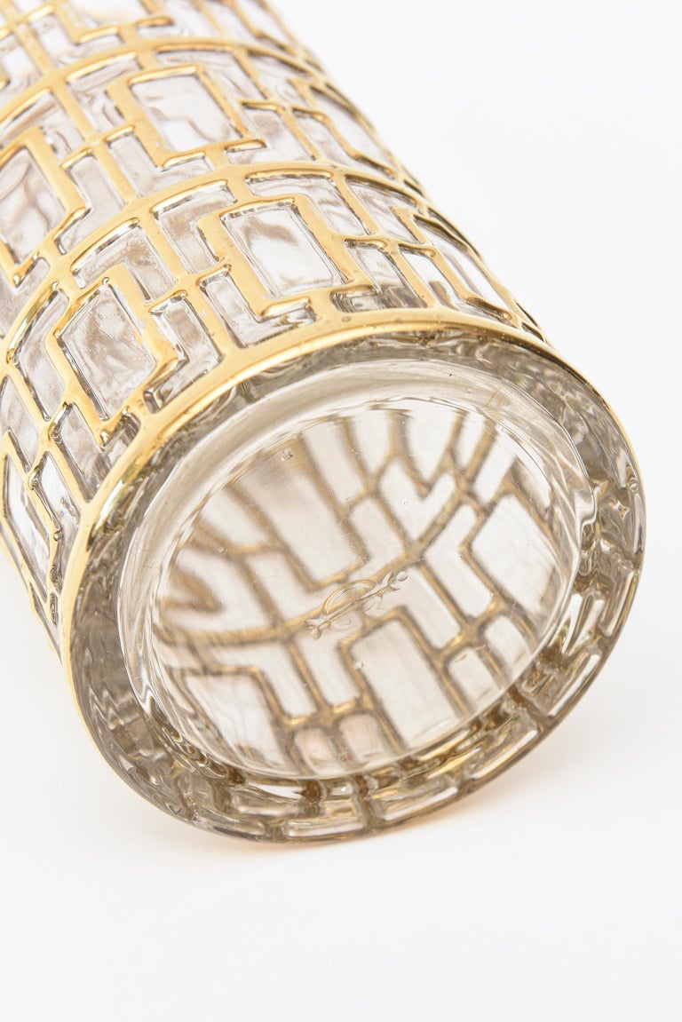 22Carat GoldPlated Shoju Screen Greek Key Overlay Glass Signed Vase