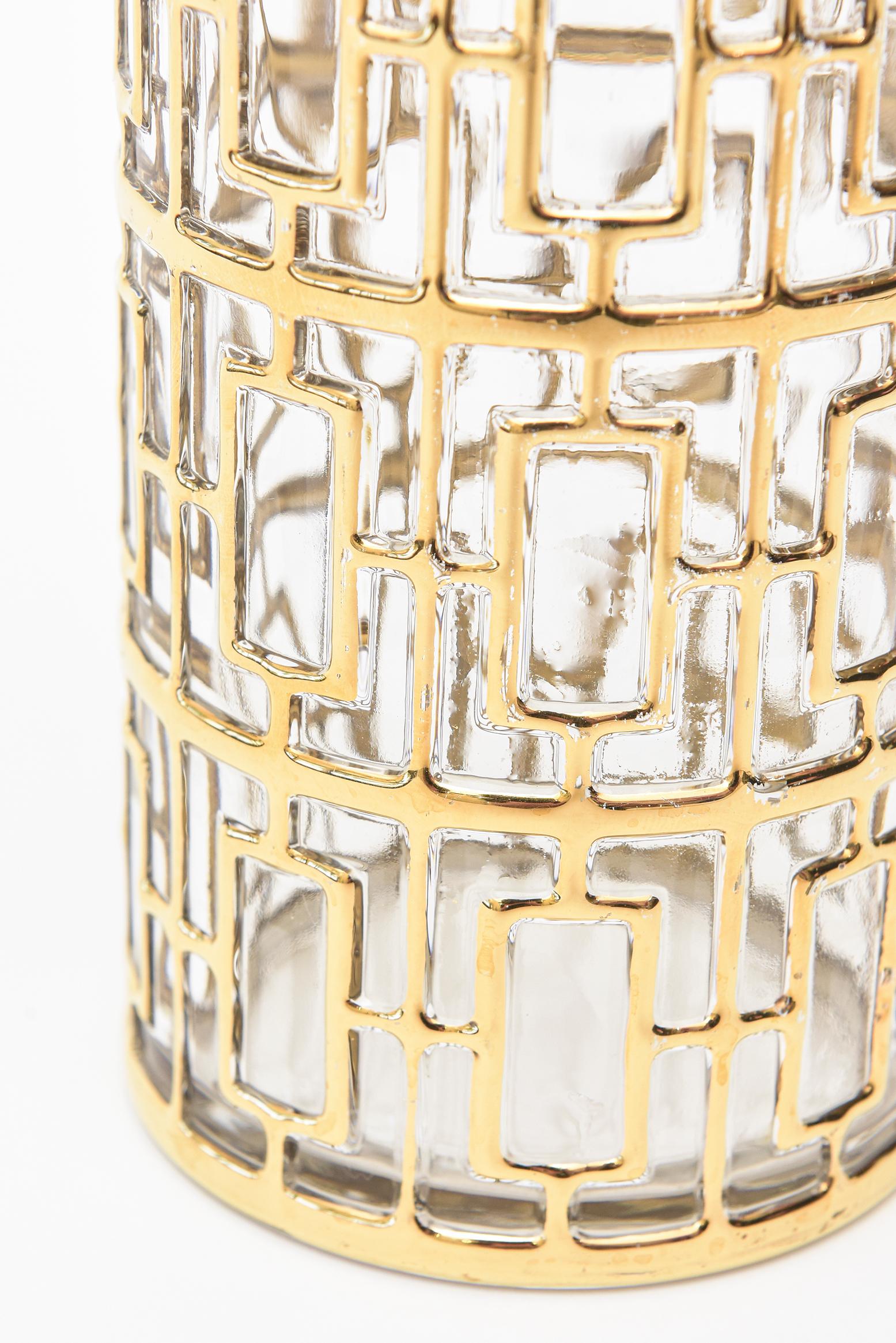 Mid-Century Modern Imperial Glass 22-Carat Gold-Plated Shoji Screen Greek Key Vase, Cocktail Mixer For Sale