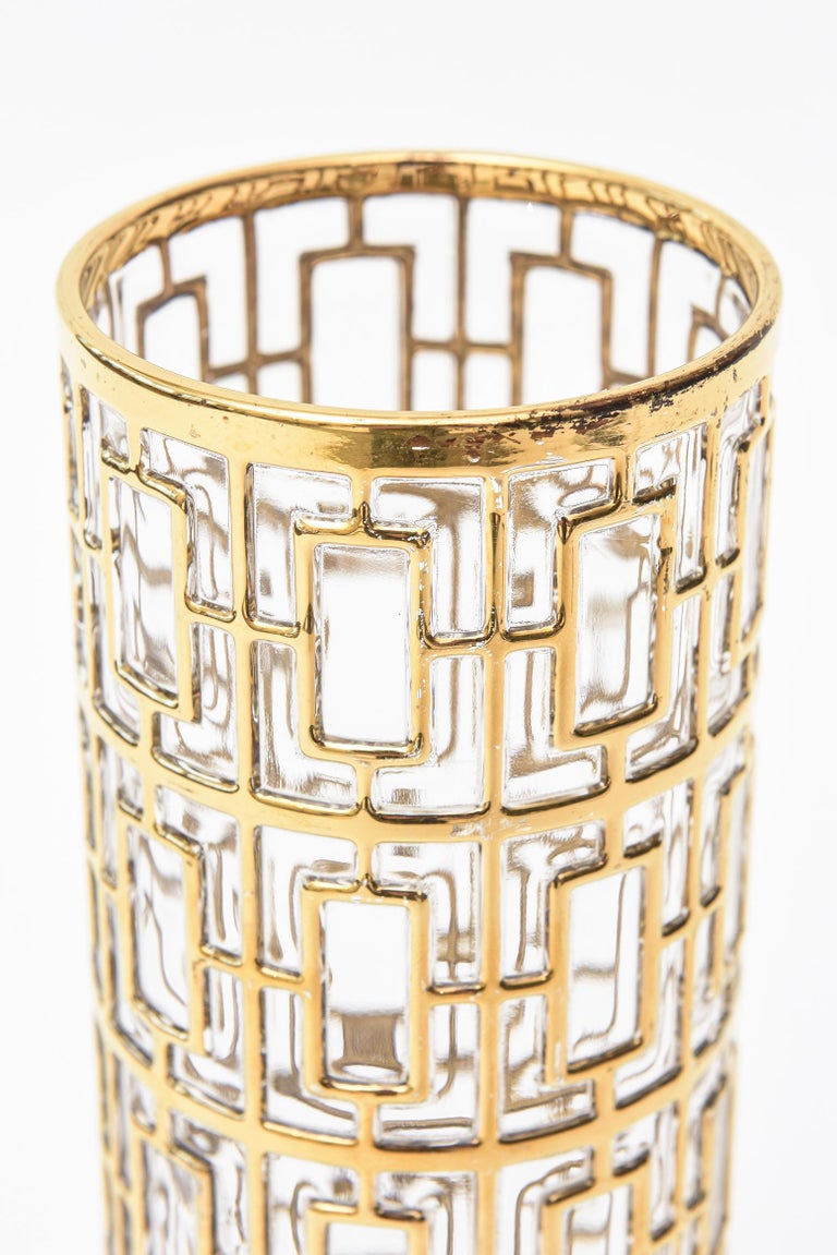 22Carat GoldPlated Shoju Screen Greek Key Overlay Glass Signed Vase