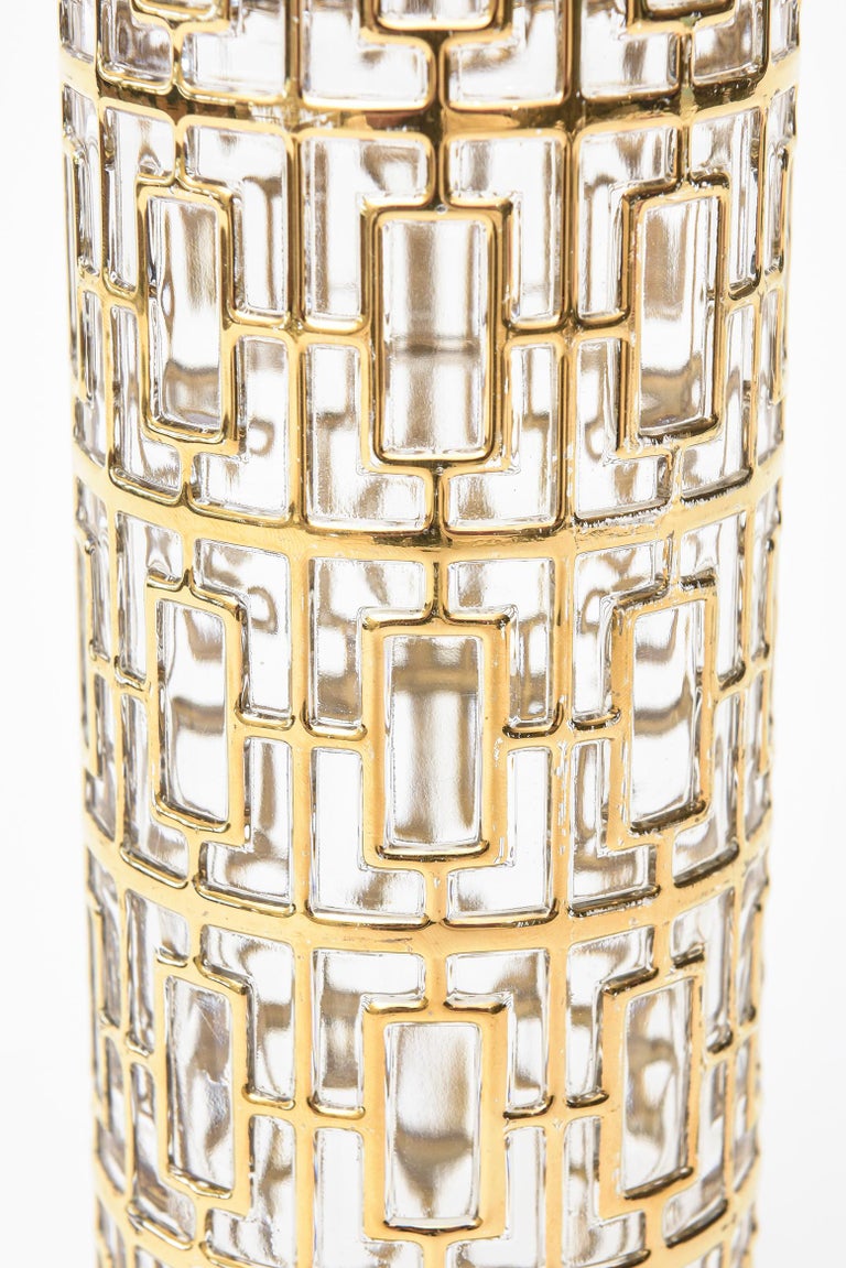 22Carat GoldPlated Shoju Screen Greek Key Overlay Glass Signed Vase