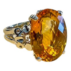 Bague cocktail en or jaune 14 carats avec citrine ovale naturelle de 22 carats, ancienne propriété