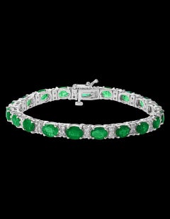 22 Carat Natural Zambian Emerald & 1.6ct Diamond Tennis Bracelet 14 Karat Gold