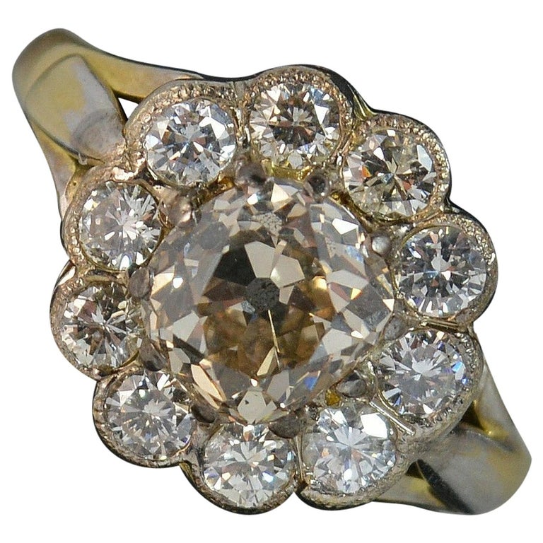 2.2 Carat Old Diamond 18 Carat Gold Cluster Engagement Ring For Sale at  1stDibs