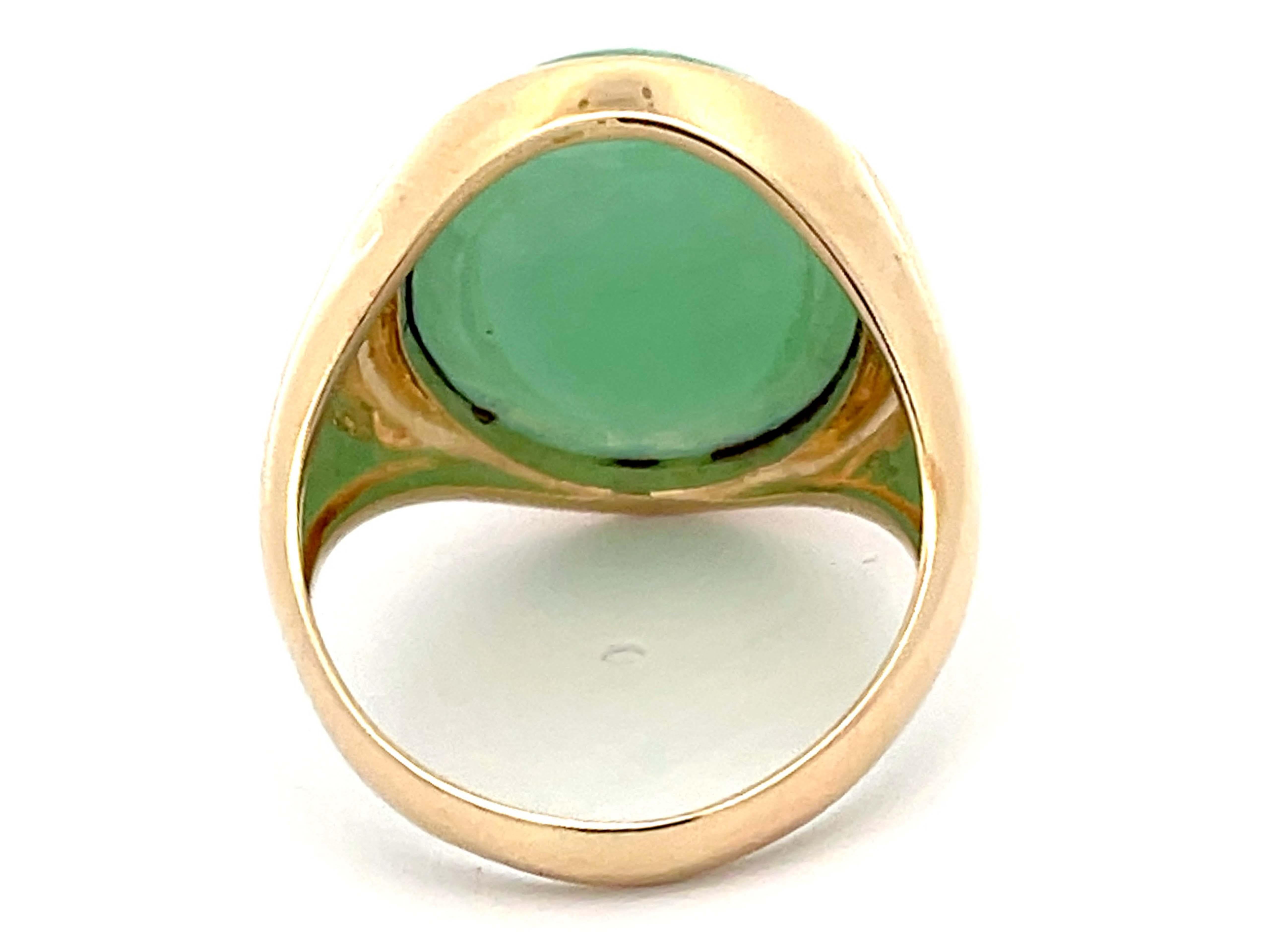 22 Carat Oval Cabochon Green Jade Ring in 14k Yellow Gold For Sale 1