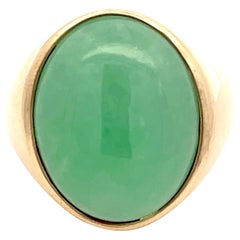 22 Carat Oval Cabochon Green Jade Ring in 14k Yellow Gold