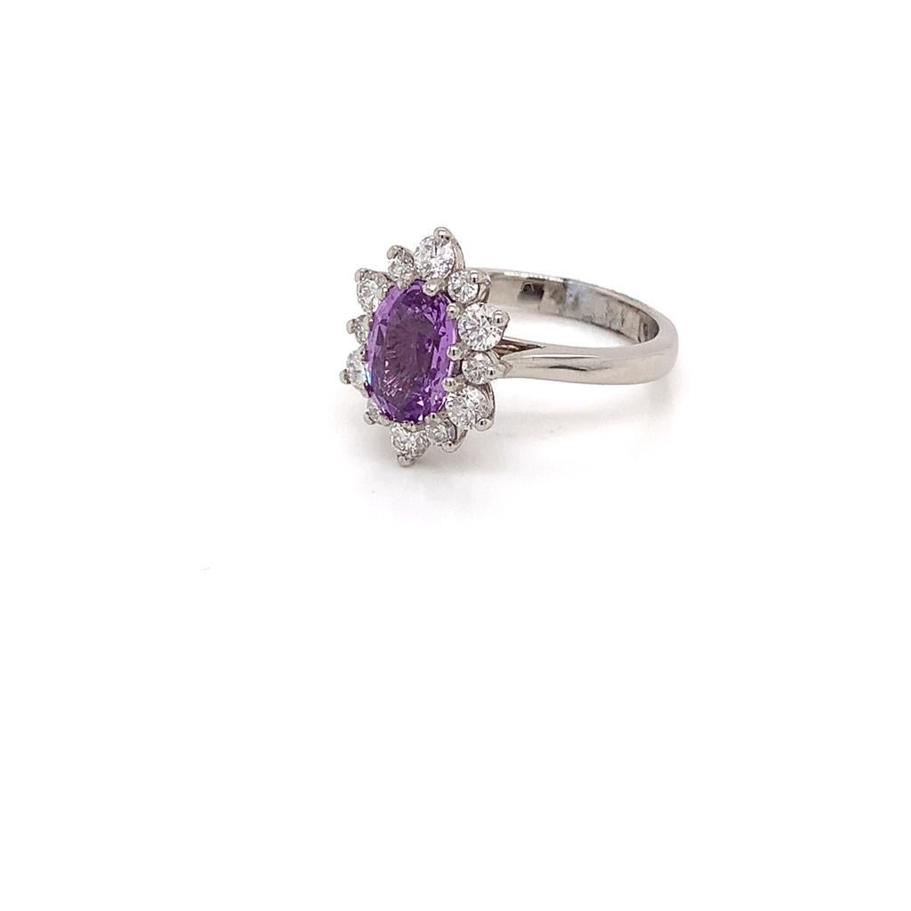 Women's 2.2 Carat Oval Cut Purple Sapphire and Diamond Cluster Ring in 18K White Gold For Sale