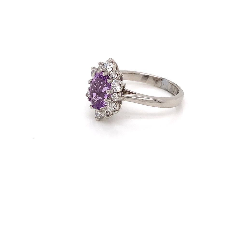 2.2 Carat Oval Cut Purple Sapphire and Diamond Cluster Ring in 18K White Gold For Sale 1