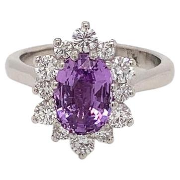 2.2 Carat Oval Cut Purple Sapphire and Diamond Cluster Ring in 18K White Gold For Sale