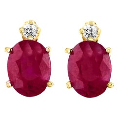 2.2 Carat Oval Natural Ruby and Diamond Stud Post Earrings 14 Karat Yellow Gold