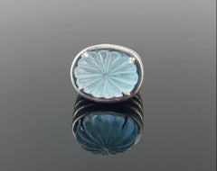 22 Carat Oval Shaped Carved Aquamarine Cocktail Ring in Silver
