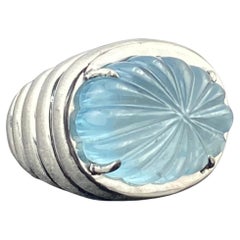 22 Carat Oval Shaped Carved Aquamarine Cocktail Ring in Silver