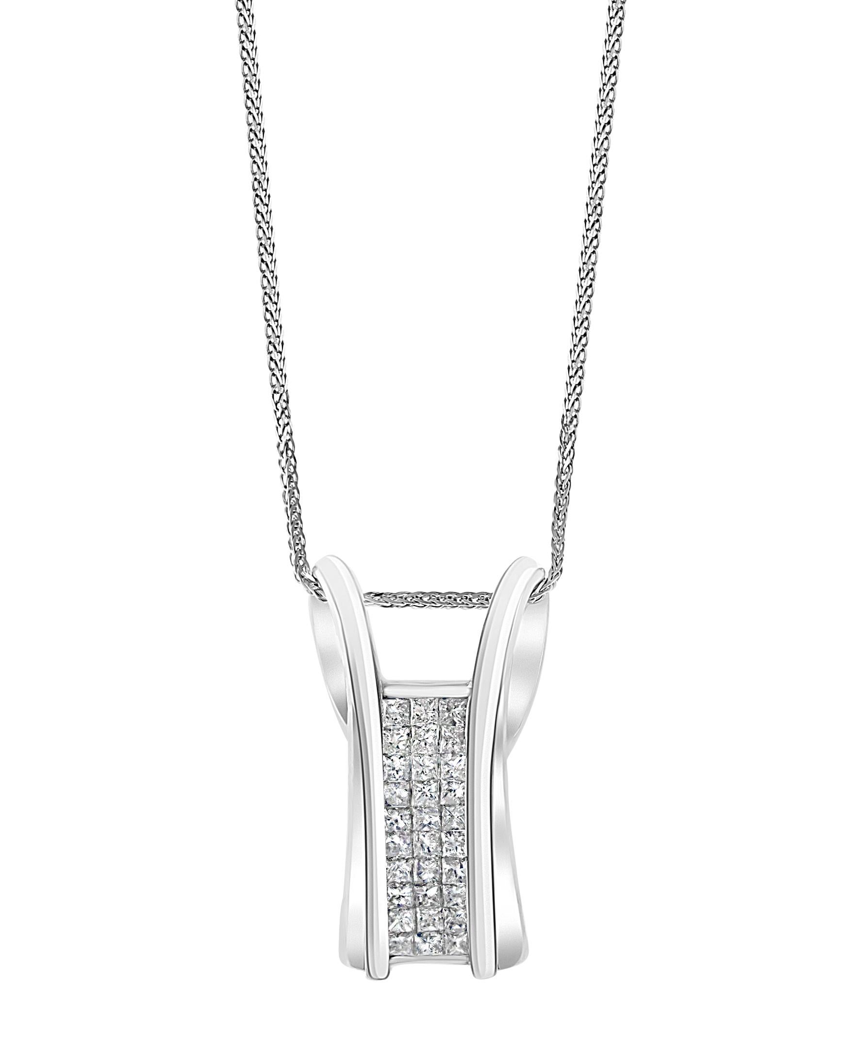 2.2 Carat Princess Cut Diamond Pendant/ Necklace 14 Karat White Gold with Chain 16