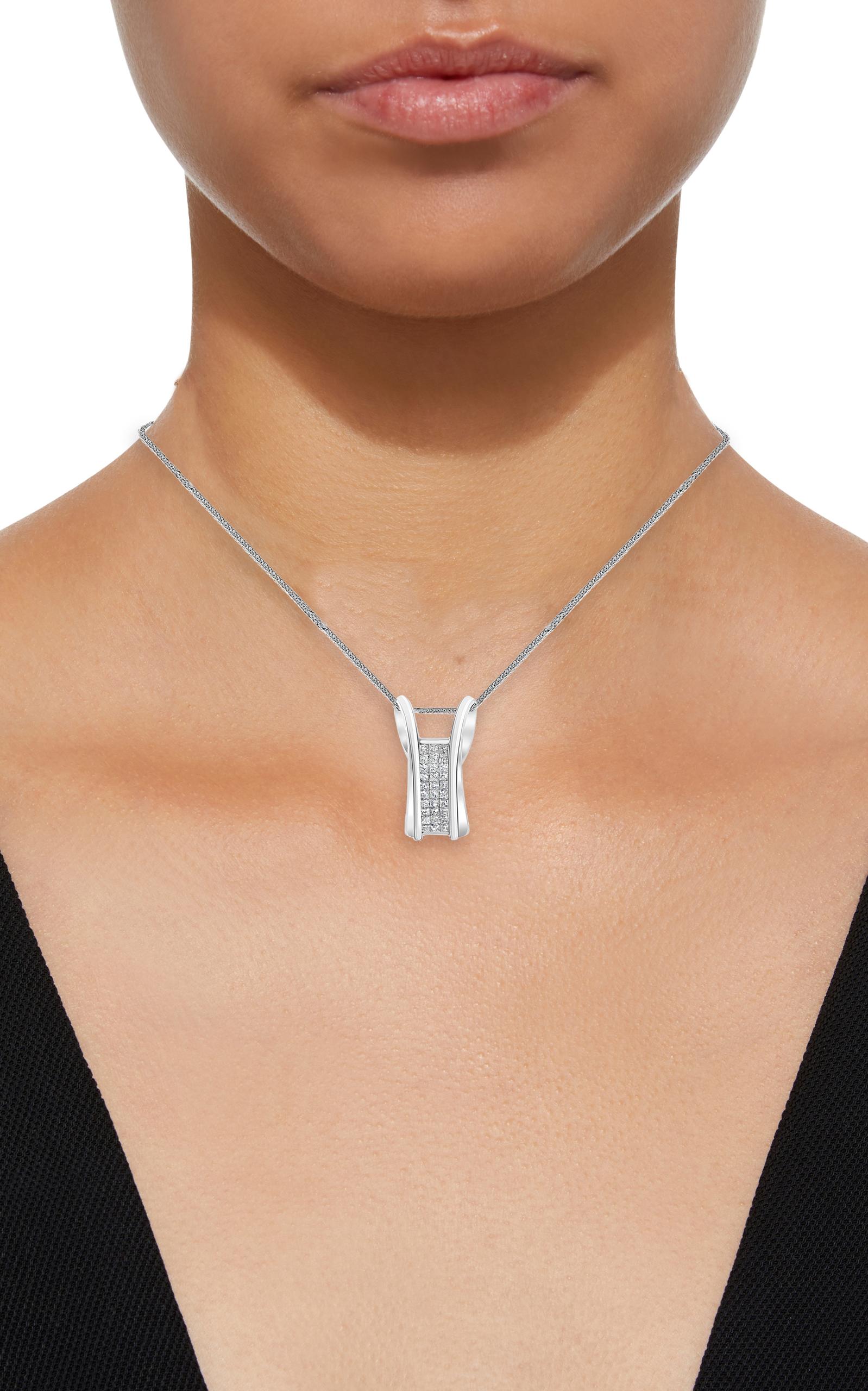 2.2 Ct Princess Cut Diamond Pendant/ Necklace 14 Karat White Gold with Chain
There are 30 princess cut diamonds 
3 diamonds in each row and there are 10 rows.
Diamond Weight  approximately 2 .2 Carats
Diamonds are SI quality. Lots of shine and