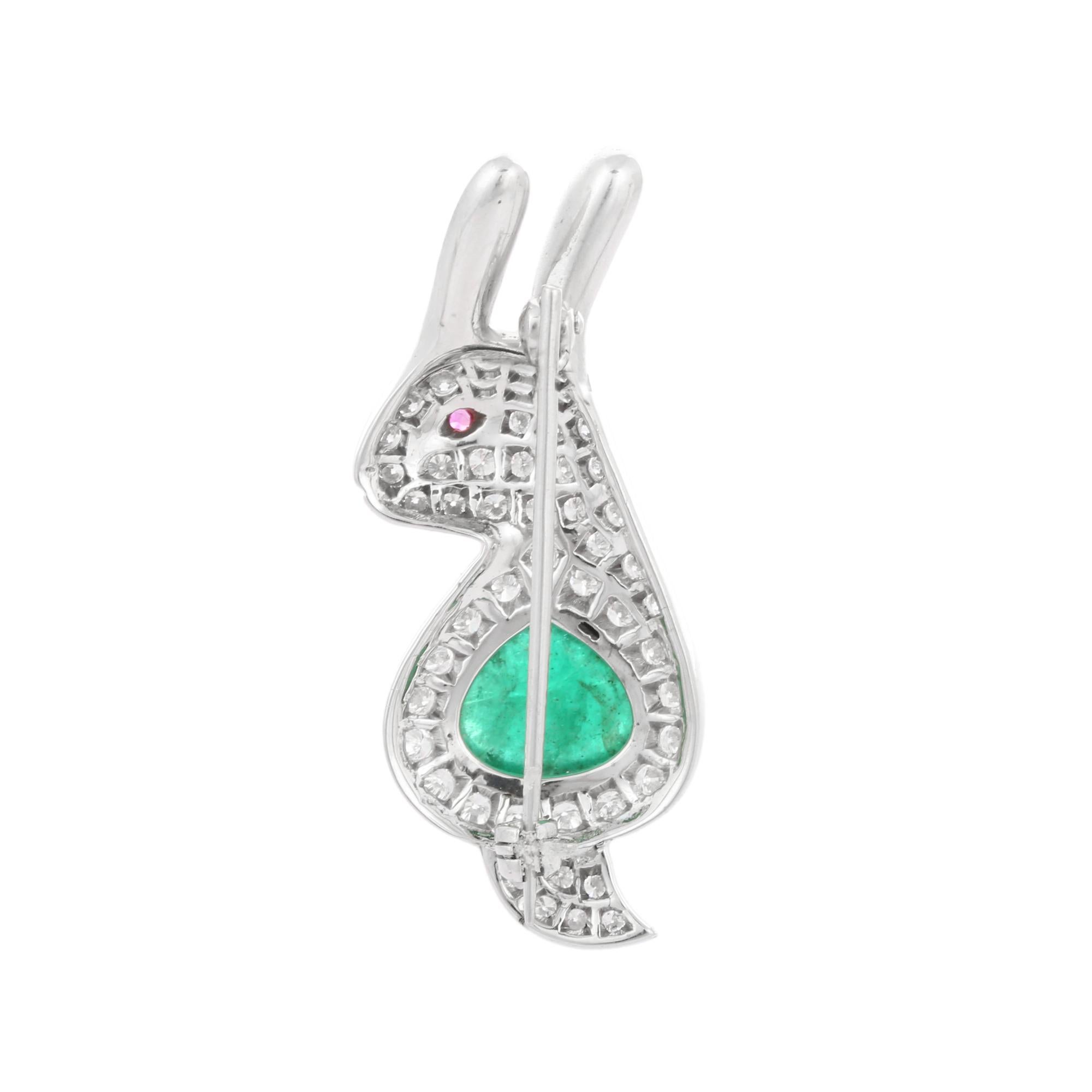 Artist 2.2 Carat Emerald Diamond Rabbit Brooch in 18k Solid White Gold, Unisex Gifts