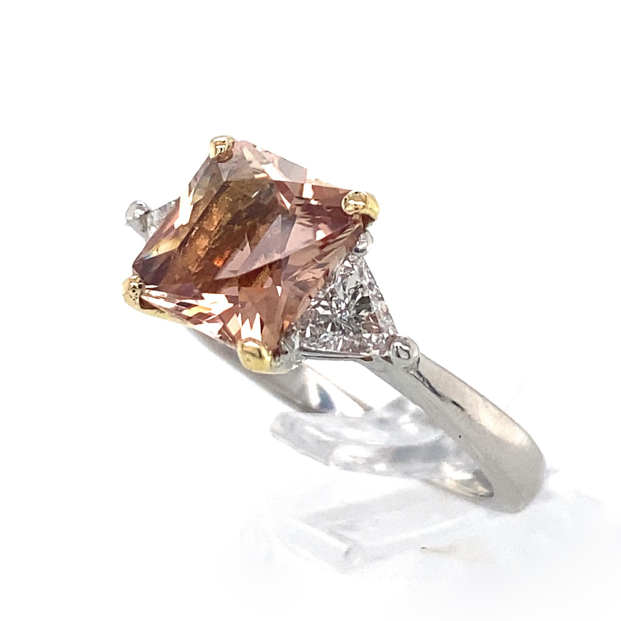 2.2 Carat Sunstone with Diamond Trillions in Platinum & Yellow Gold 3-Stone Ring In Excellent Condition In Sherman Oaks, CA