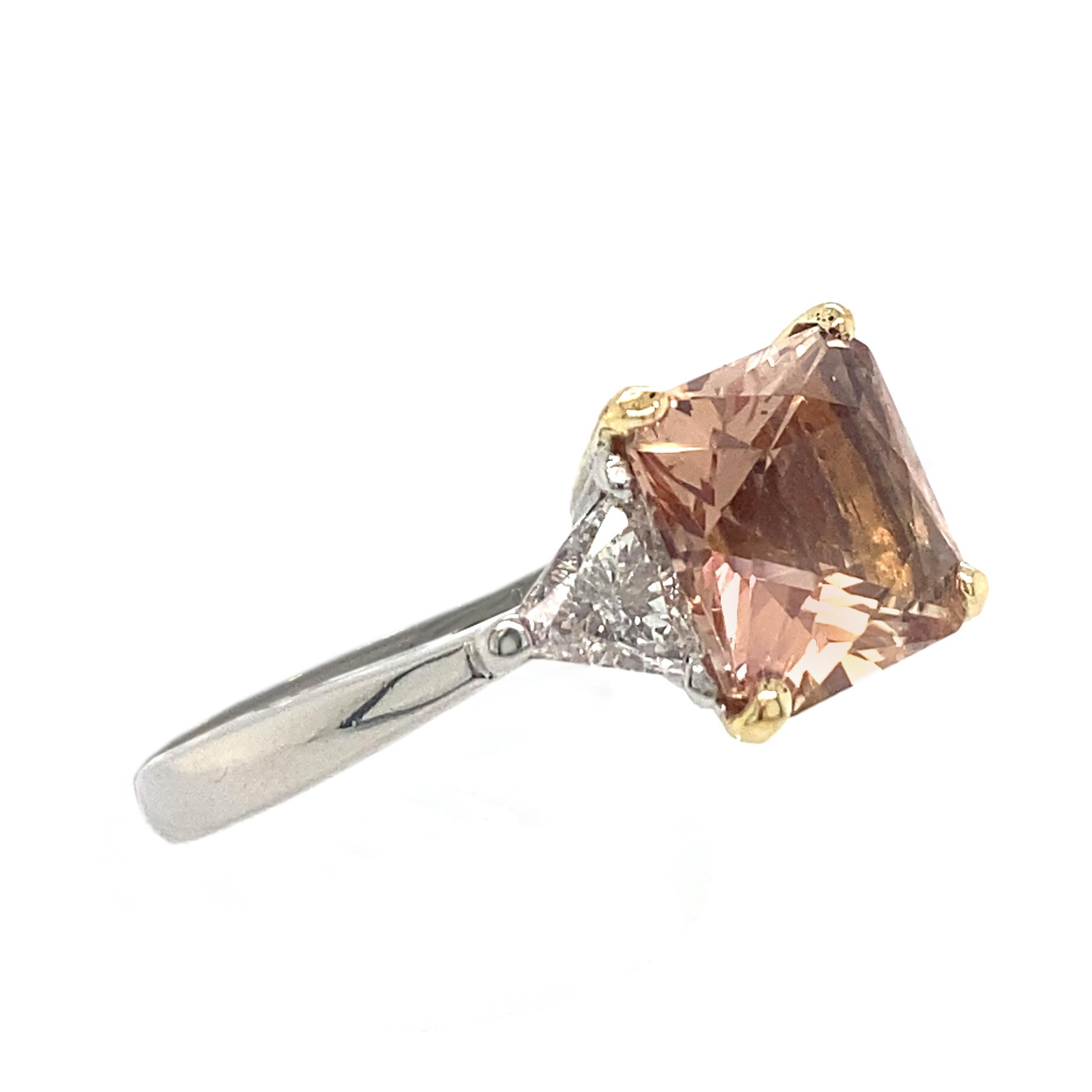 Women's or Men's 2.2 Carat Sunstone with Diamond Trillions in Platinum & Yellow Gold 3-Stone Ring