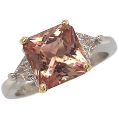 2.2 Carat Sunstone with Diamond Trillions in Platinum & Yellow Gold 3-Stone Ring