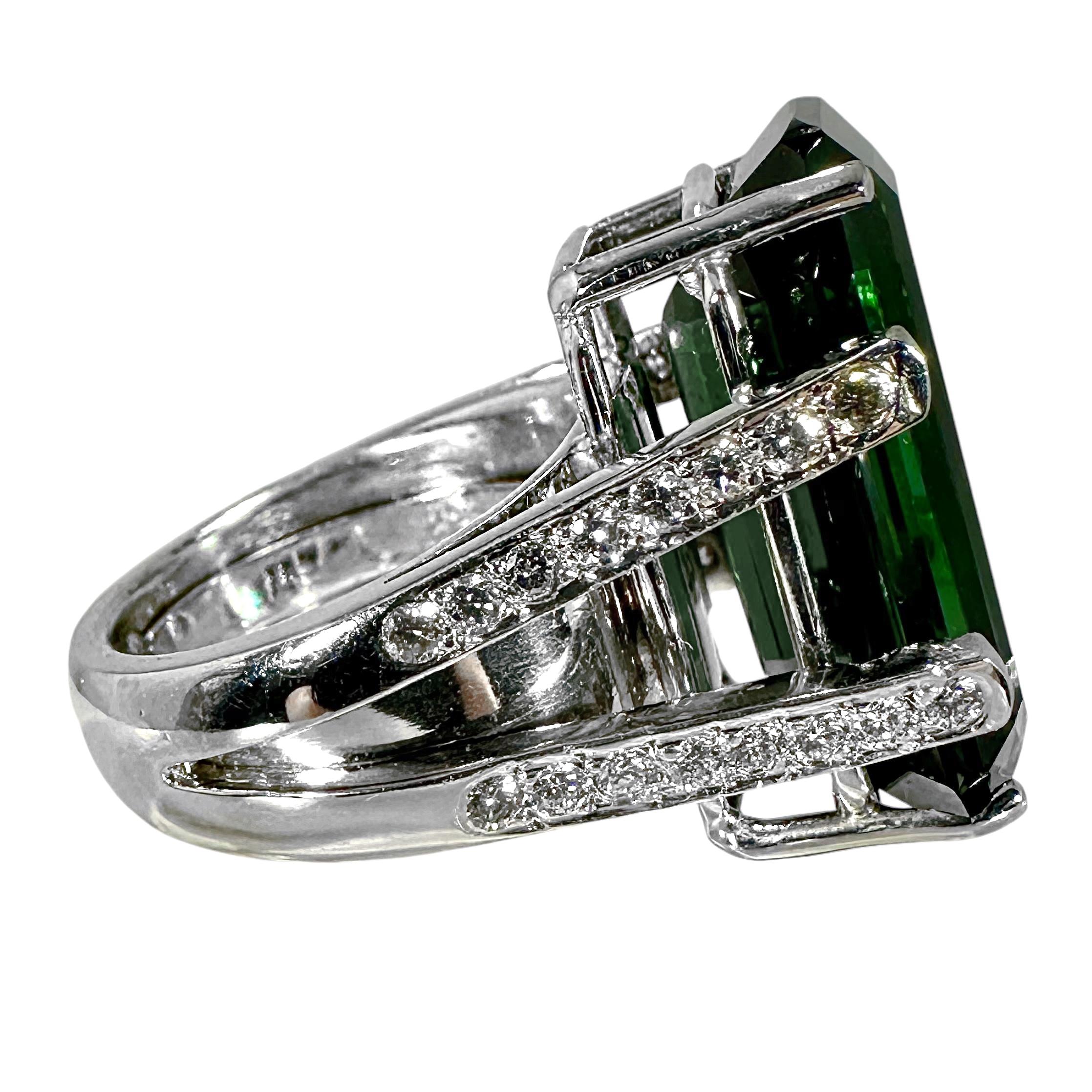 Modern 22 Carat Emerald Cut Green Tourmaline Ring w/Diamond Shoulders Set in Platinum
