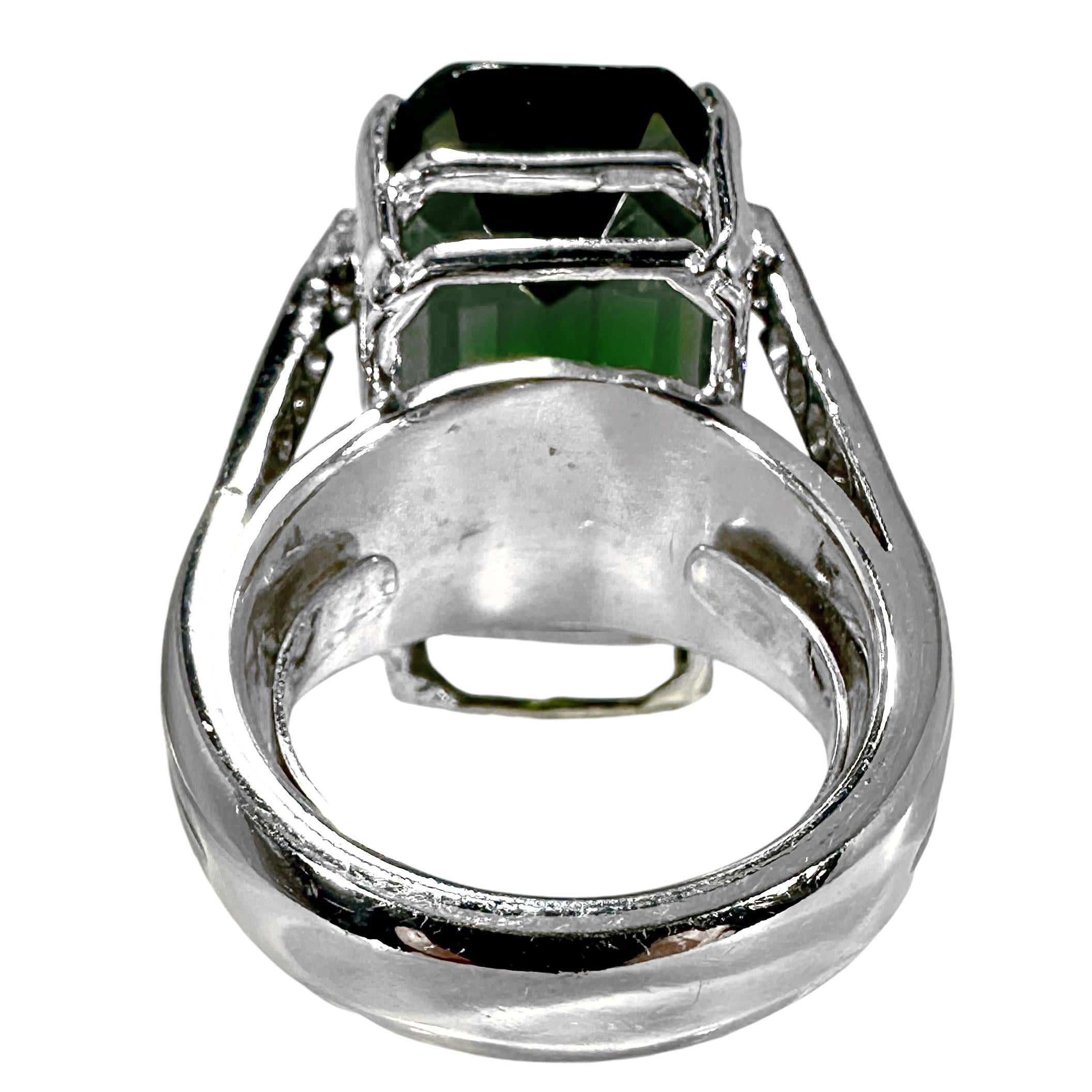 Women's 22 Carat Emerald Cut Green Tourmaline Ring w/Diamond Shoulders Set in Platinum