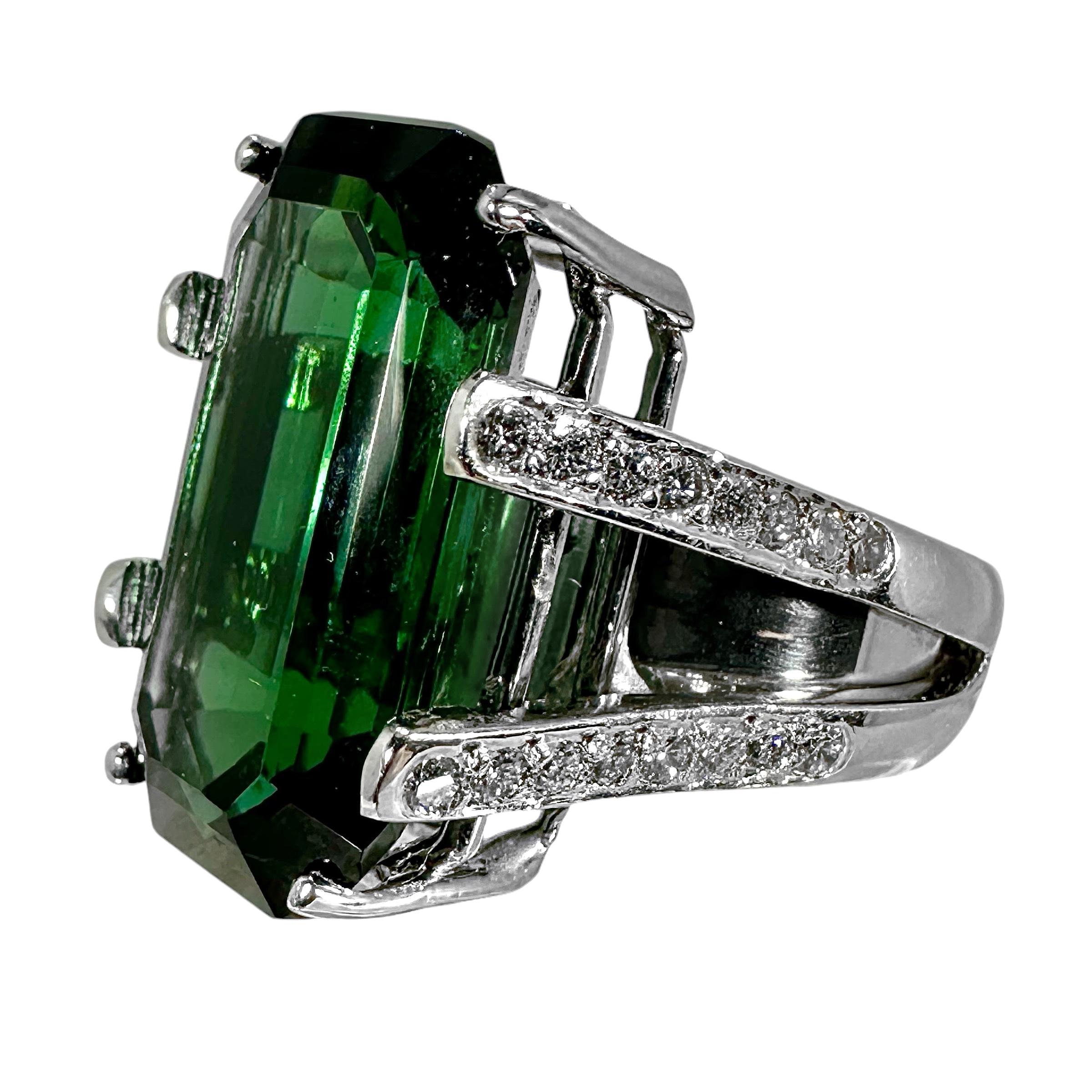 22 Carat Emerald Cut Green Tourmaline Ring w/Diamond Shoulders Set in Platinum 3