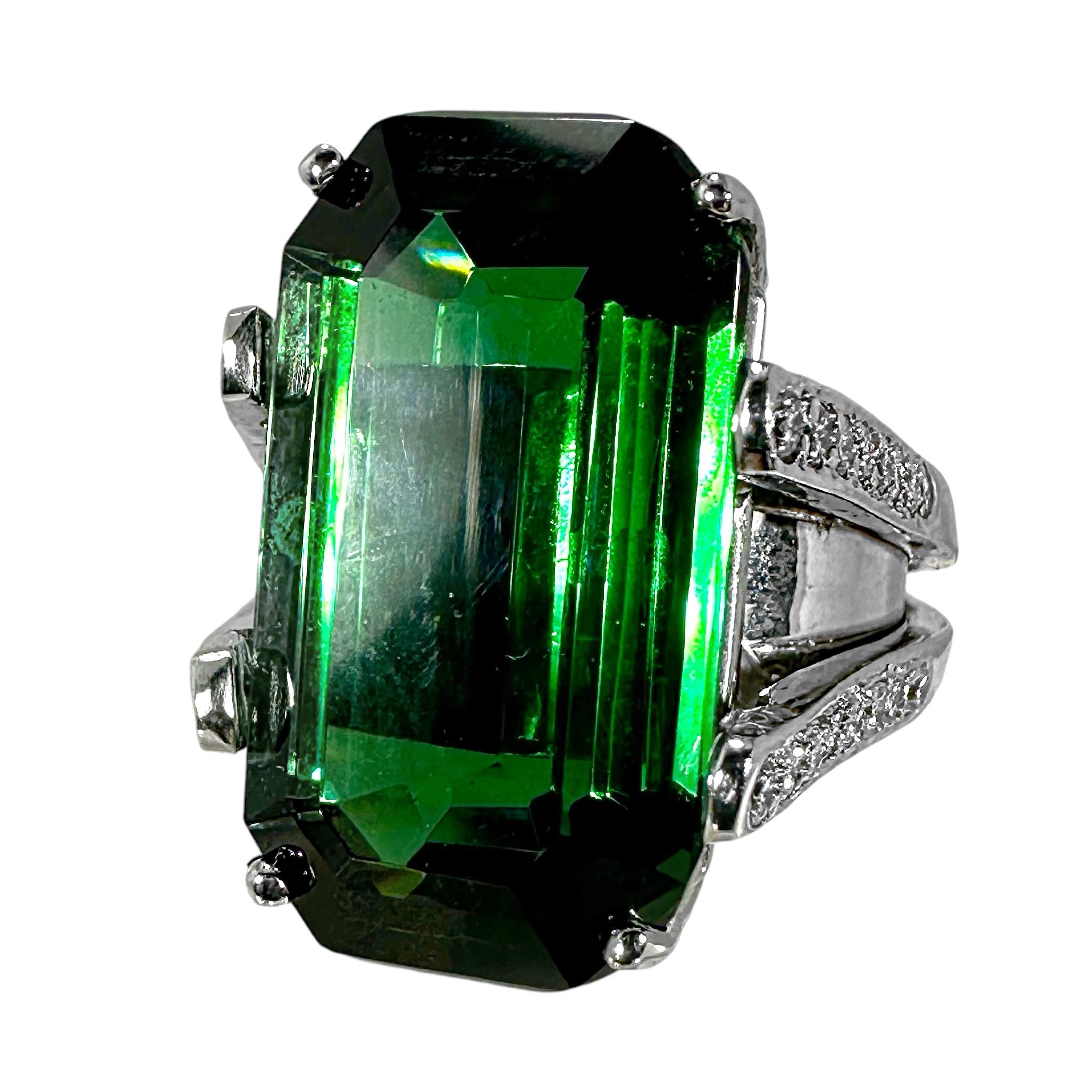 22 Carat Emerald Cut Green Tourmaline Ring w/Diamond Shoulders Set in Platinum 4