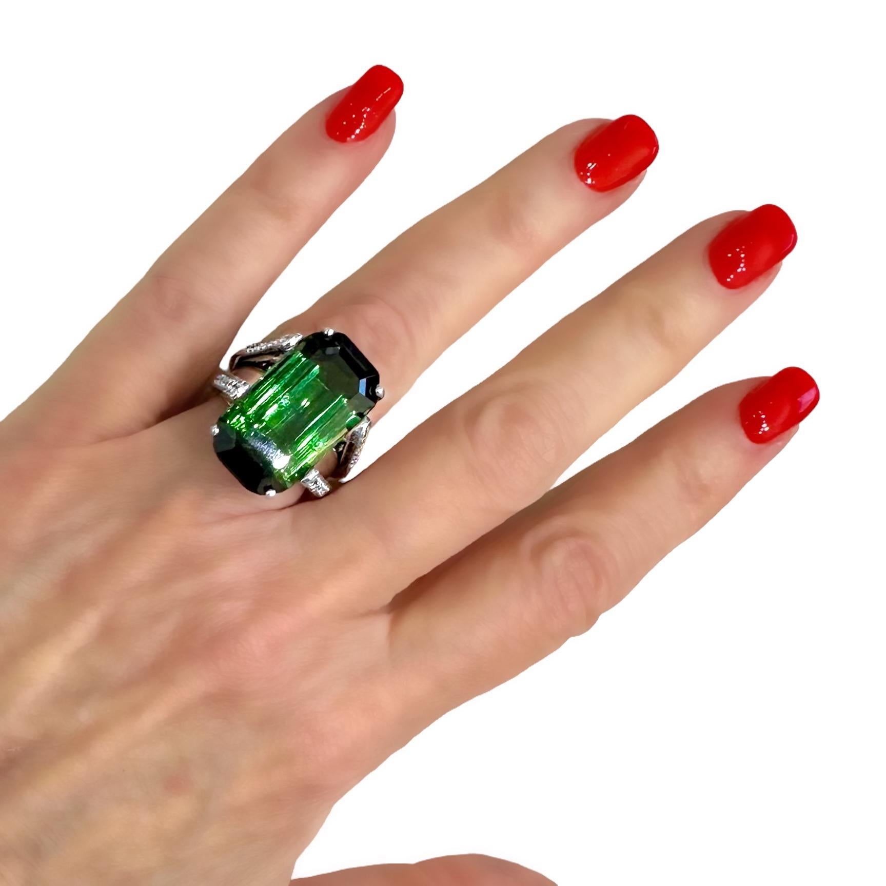 22 Carat Emerald Cut Green Tourmaline Ring w/Diamond Shoulders Set in Platinum 6