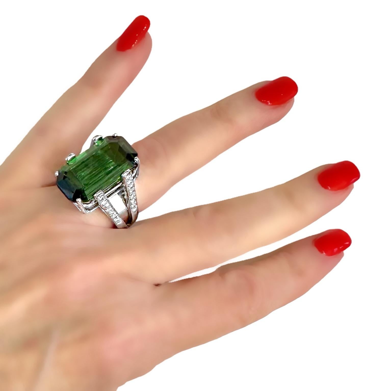 22 Carat Emerald Cut Green Tourmaline Ring w/Diamond Shoulders Set in Platinum 7