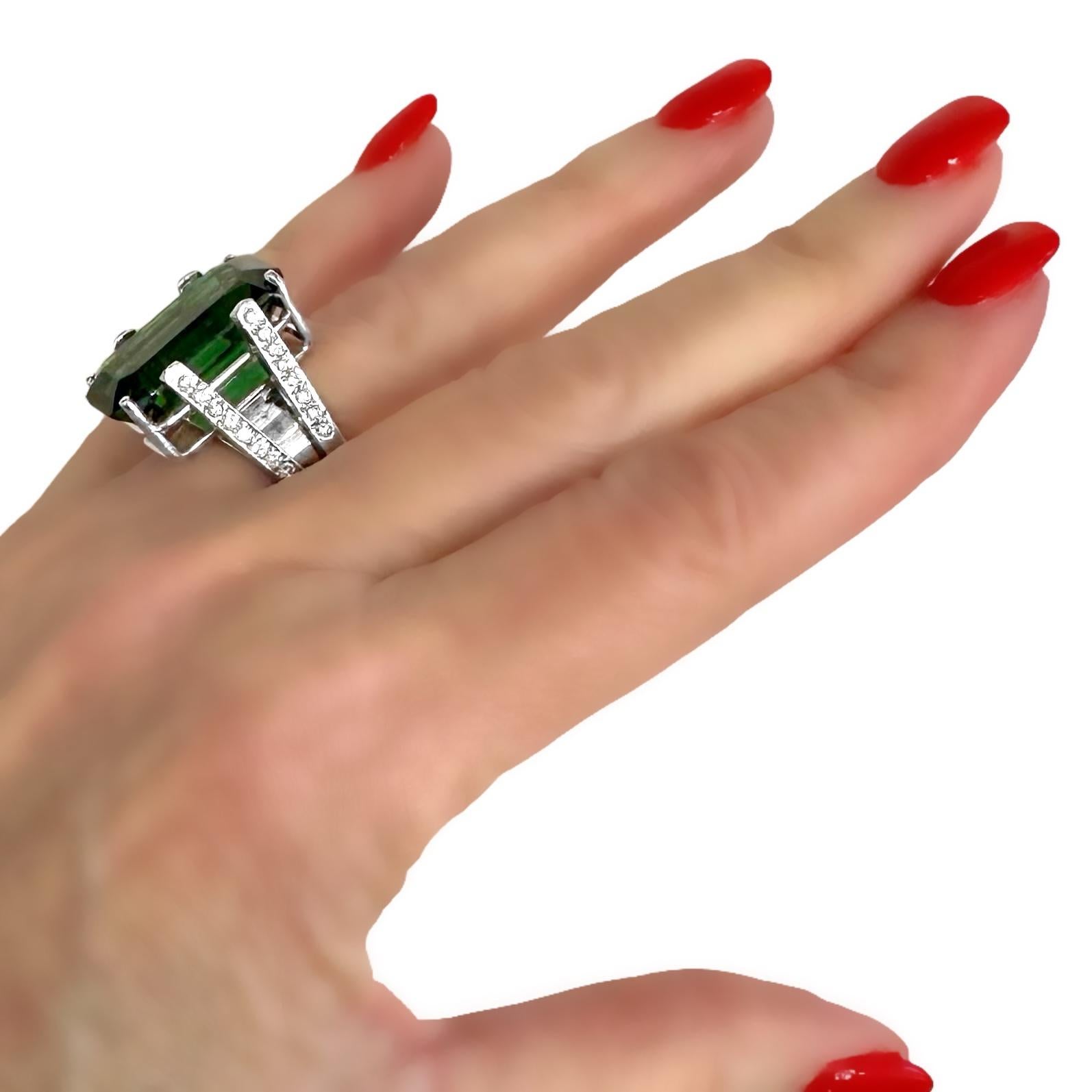 22 Carat Emerald Cut Green Tourmaline Ring w/Diamond Shoulders Set in Platinum 8