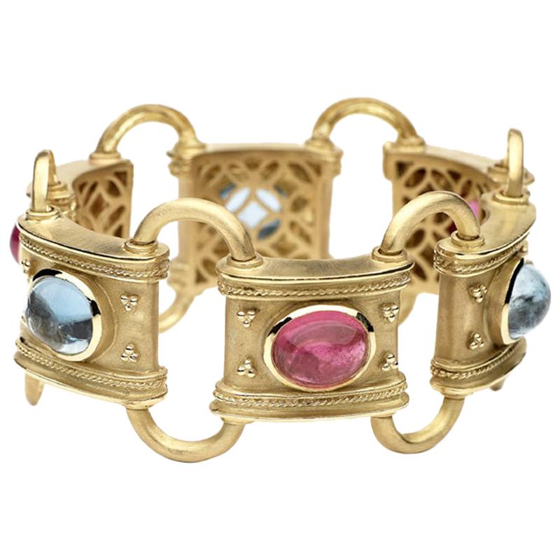 Bracelet aigue-marine et tourmaline 22 carats Tw, or 14 carats, Ben Dannie