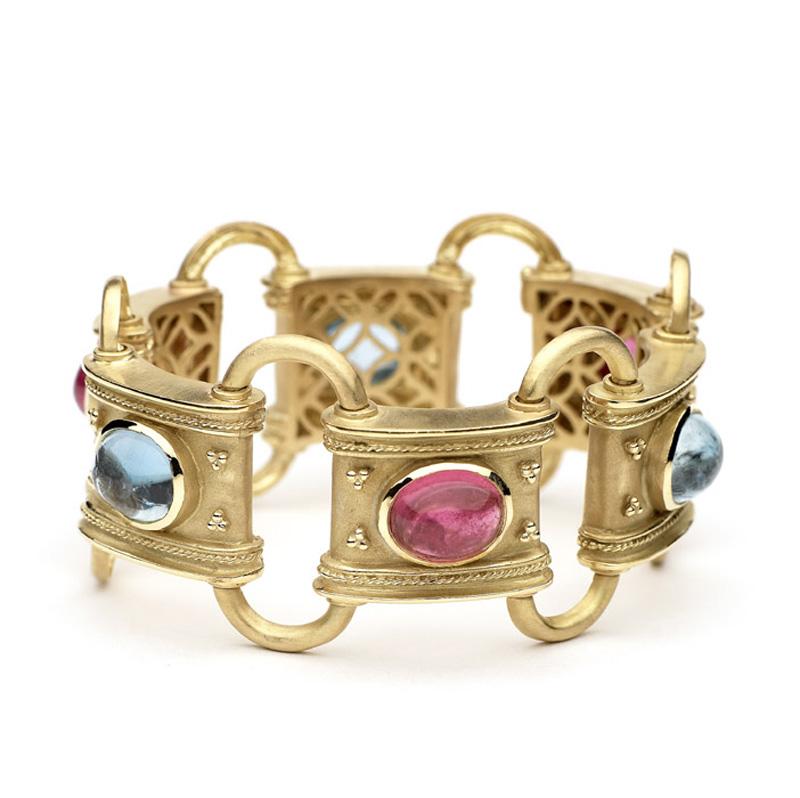 Taille ovale Bracelet aigue-marine et tourmaline 22 carats Tw, or 14 carats, Ben Dannie en vente