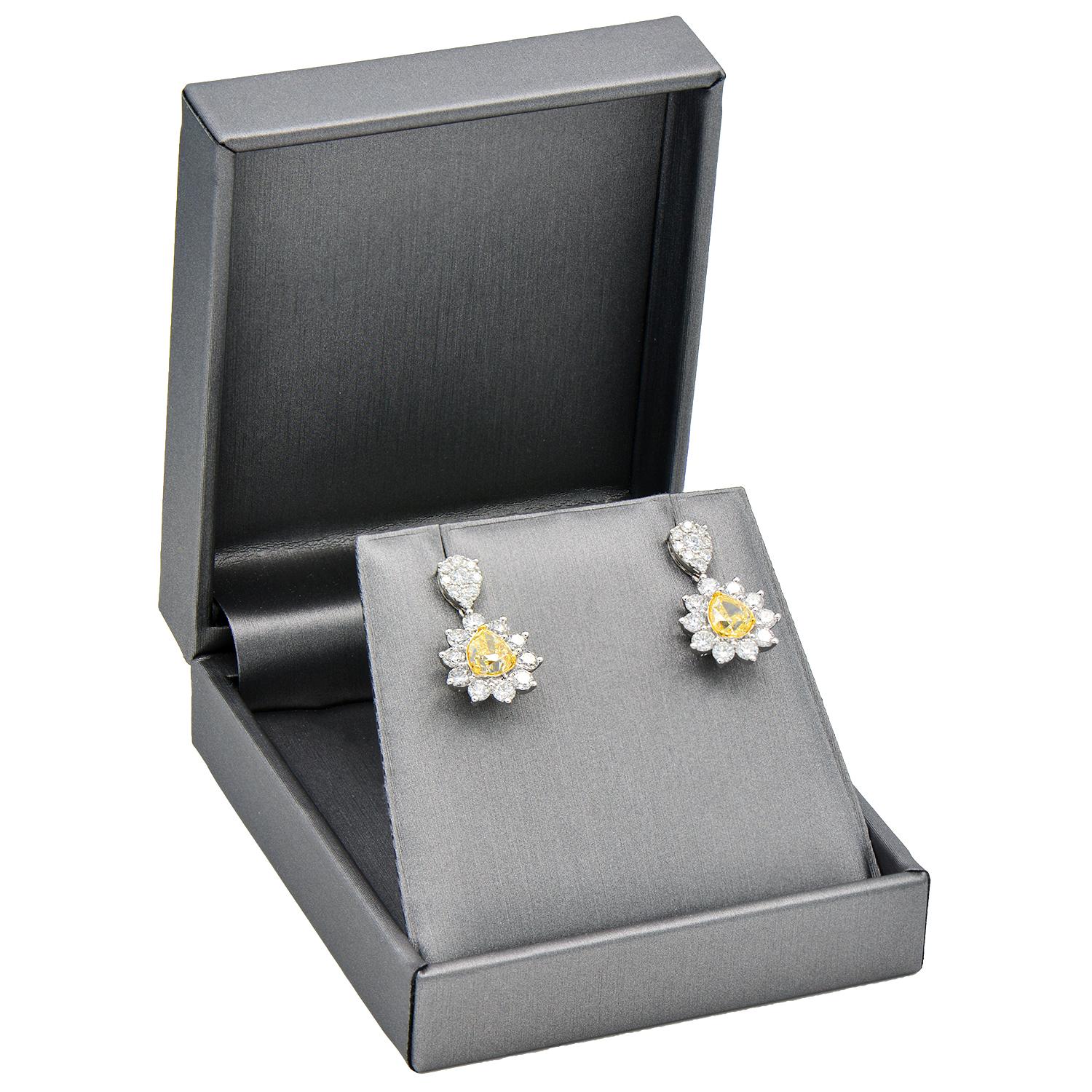 Contemporary 2.2 Carat Yellow Diamond Drop Earrings with White Diamonds For Sale