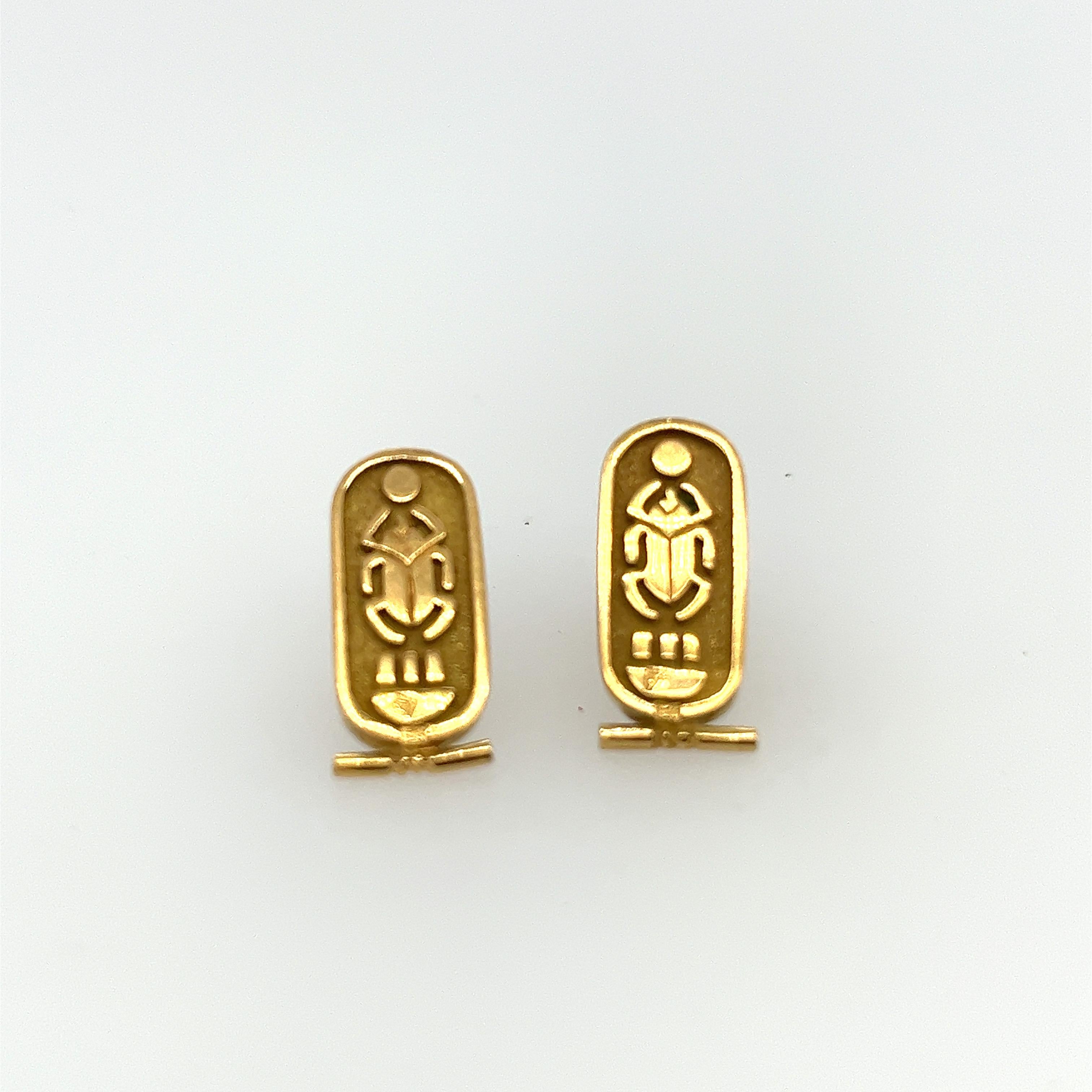 From the Egyptian jewellery revival comes these 14k yellow gold earrings. Engraved with a scarab beetle which was sacred to the Egyptian people these earrings will add a touch of history and class to your collection. Total weight is 4.7 grams.