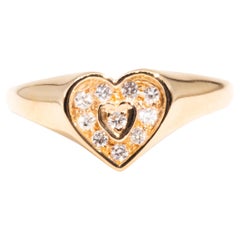 Vintage 22 Carat Yellow Gold Modern Bead Set Round Brilliant Diamond Heart Ring
