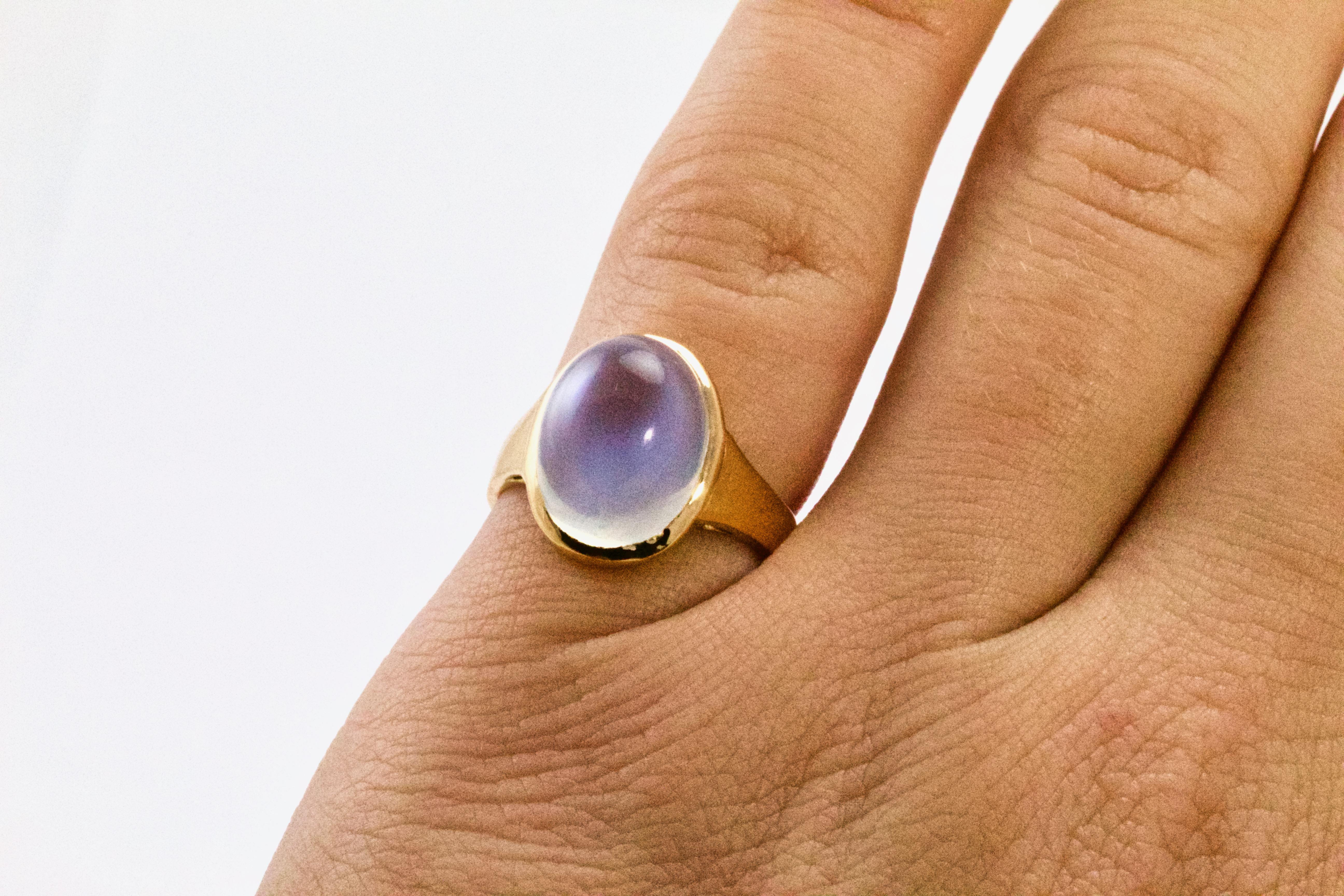 22 Carat Yellow Gold Moonstone Signet or Gypsy Pinky Ring In Excellent Condition In Chipping Campden, GB