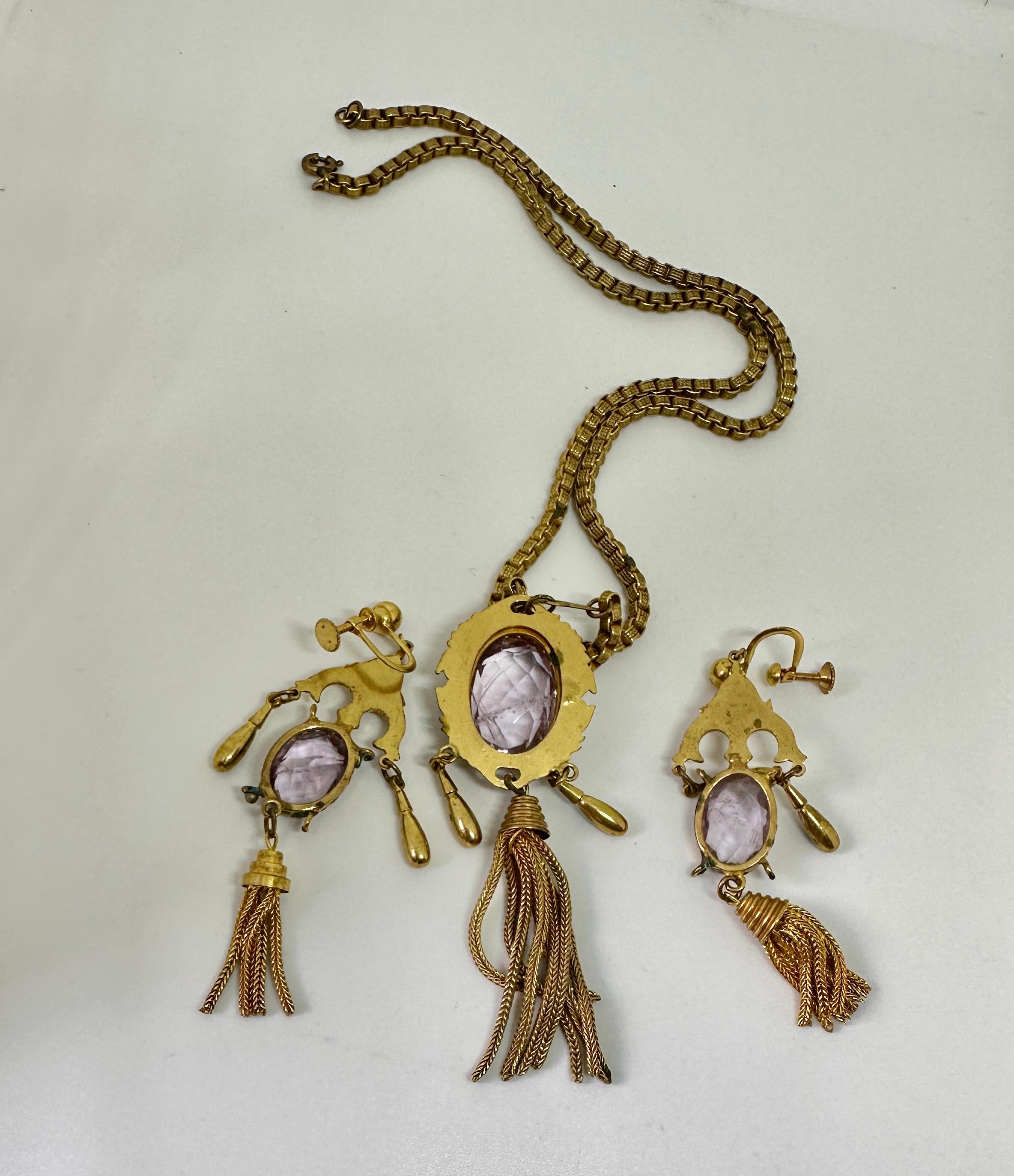 22 Carats Rose de France Amethyst Earrings Necklace Victorian Fringe Parure 1870 For Sale 5