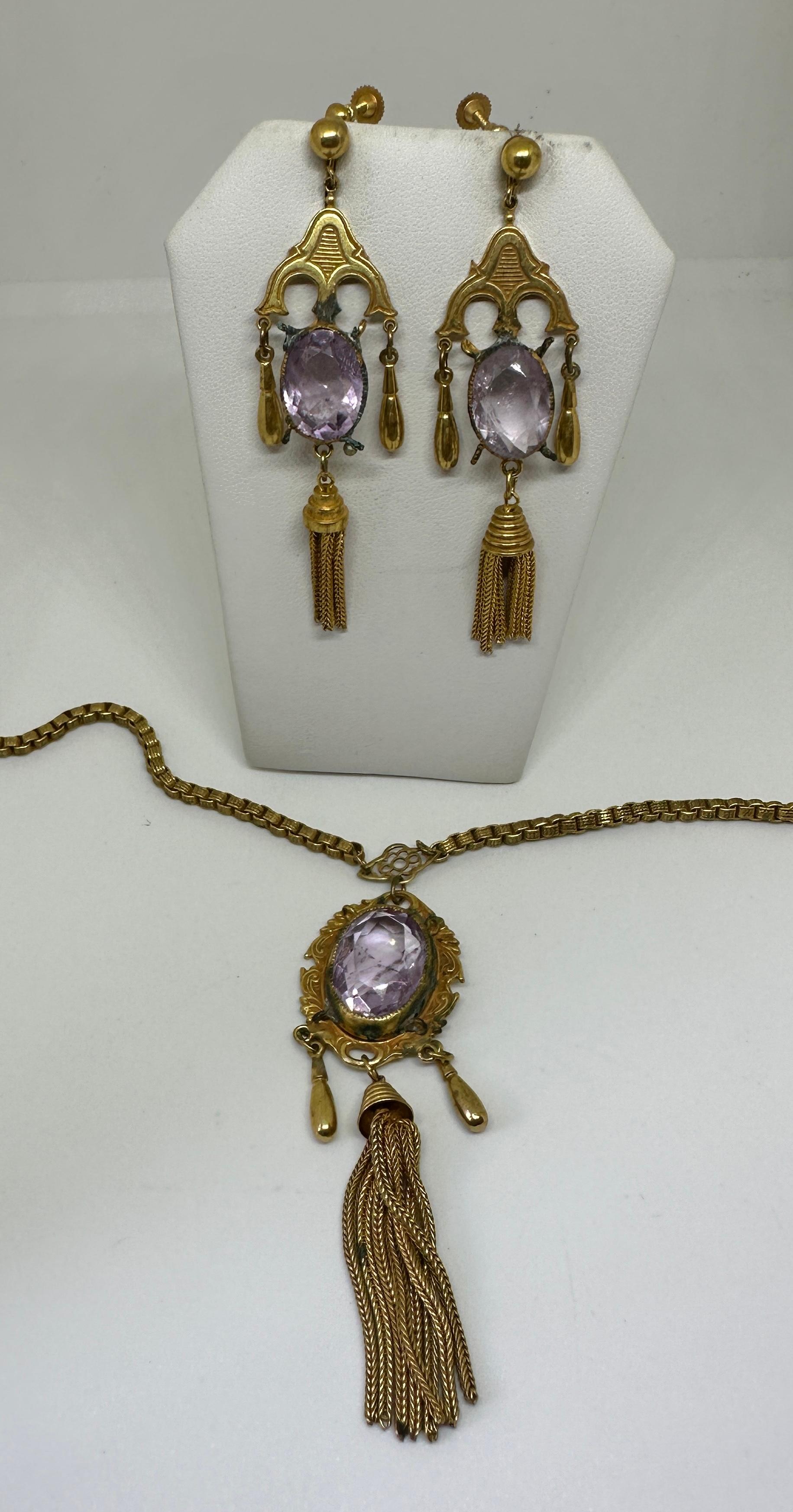 Women's 22 Carats Rose de France Amethyst Earrings Necklace Victorian Fringe Parure 1870 For Sale
