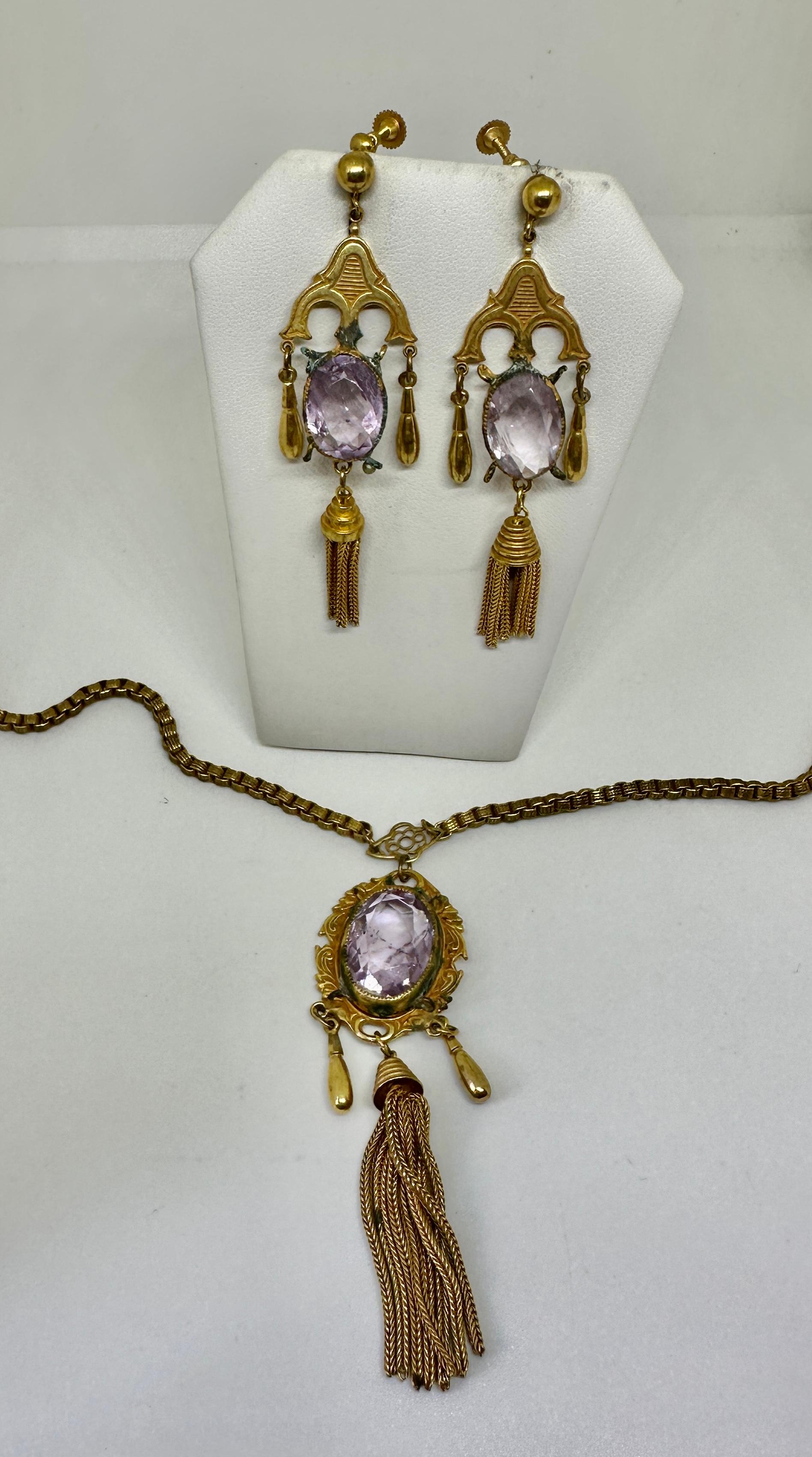 22 Carats Rose de France Amethyst Earrings Necklace Victorian Fringe Parure 1870 For Sale 2