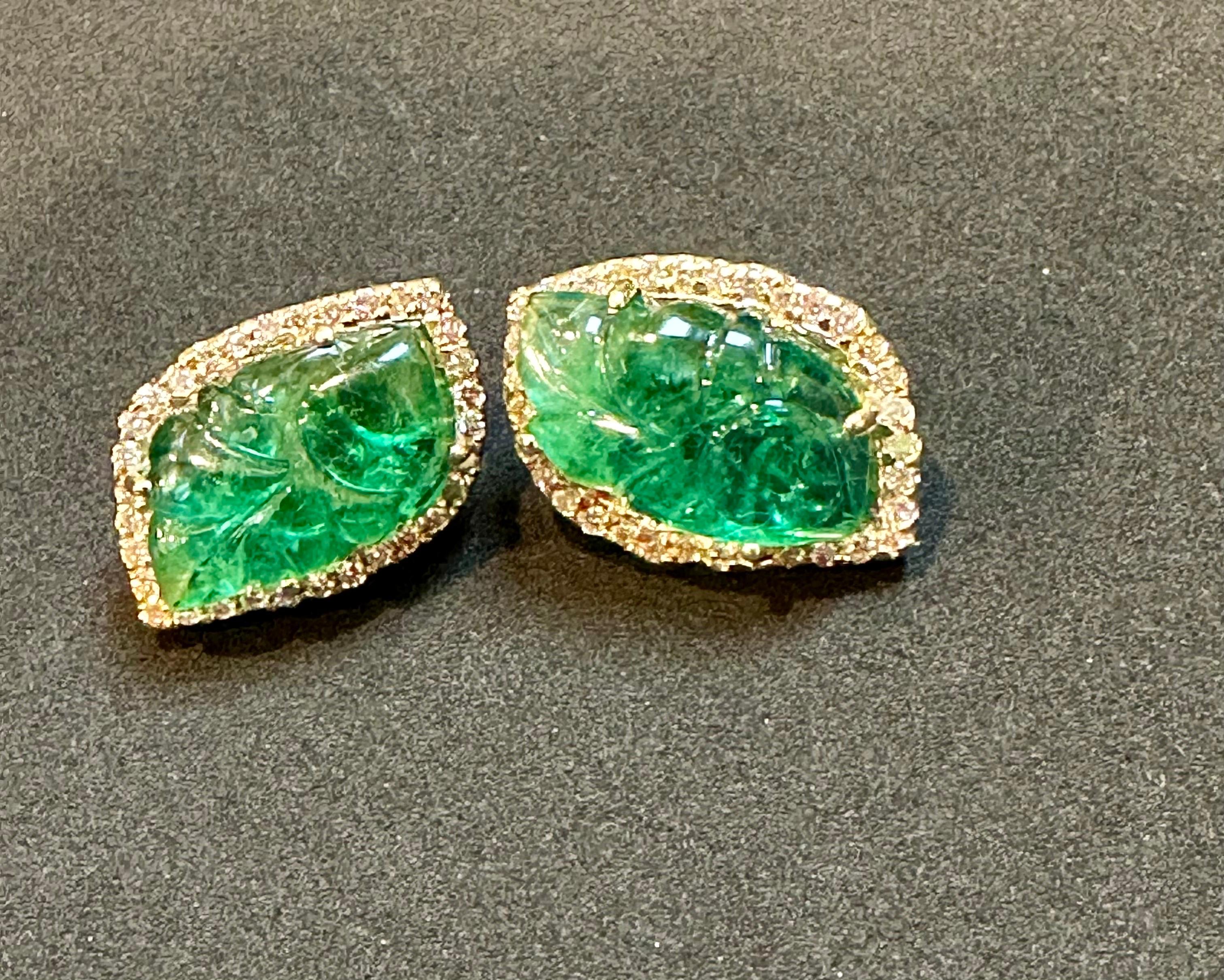 22 Ct Carved Emerald & 2 Ct Diamond Earrings 14 Karat Yellow Gold Post Earrings For Sale 5